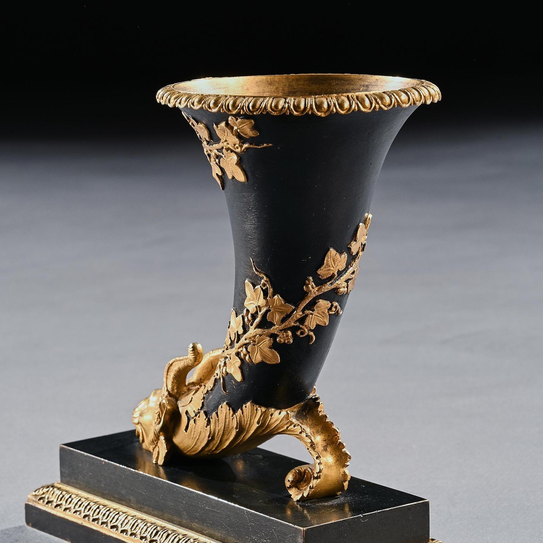 French Early 19th Century Gilt and Patinated Bronze Rhyton with Chimera Rams Head