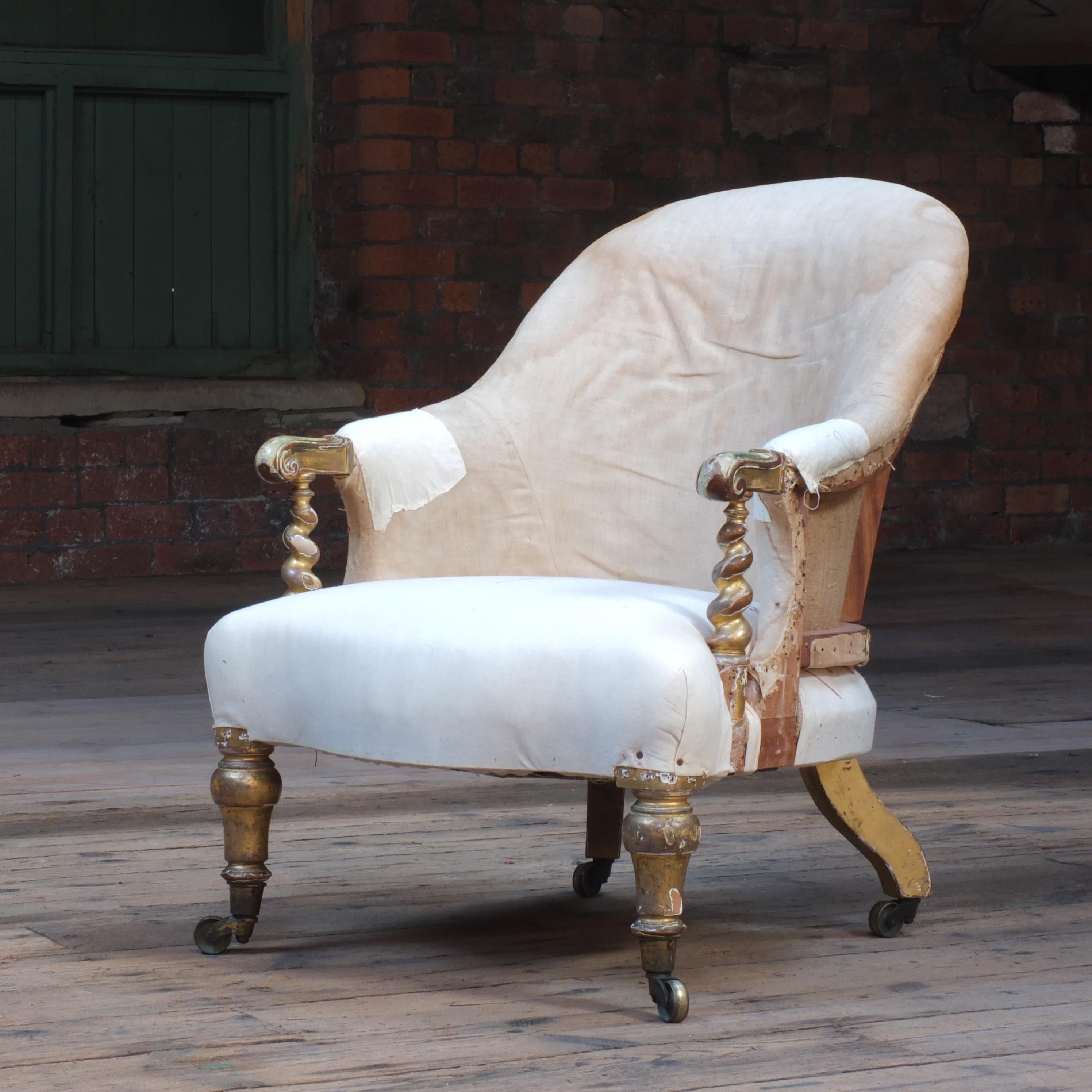 A fine quality mid 19th century gilt walnut armchair by Hindley & sons - Miles & Edwards c1844. In good structural condition throughout. The gilt showing signs of wear but in my opinion very attractively. Raised on nicely turned front legs on