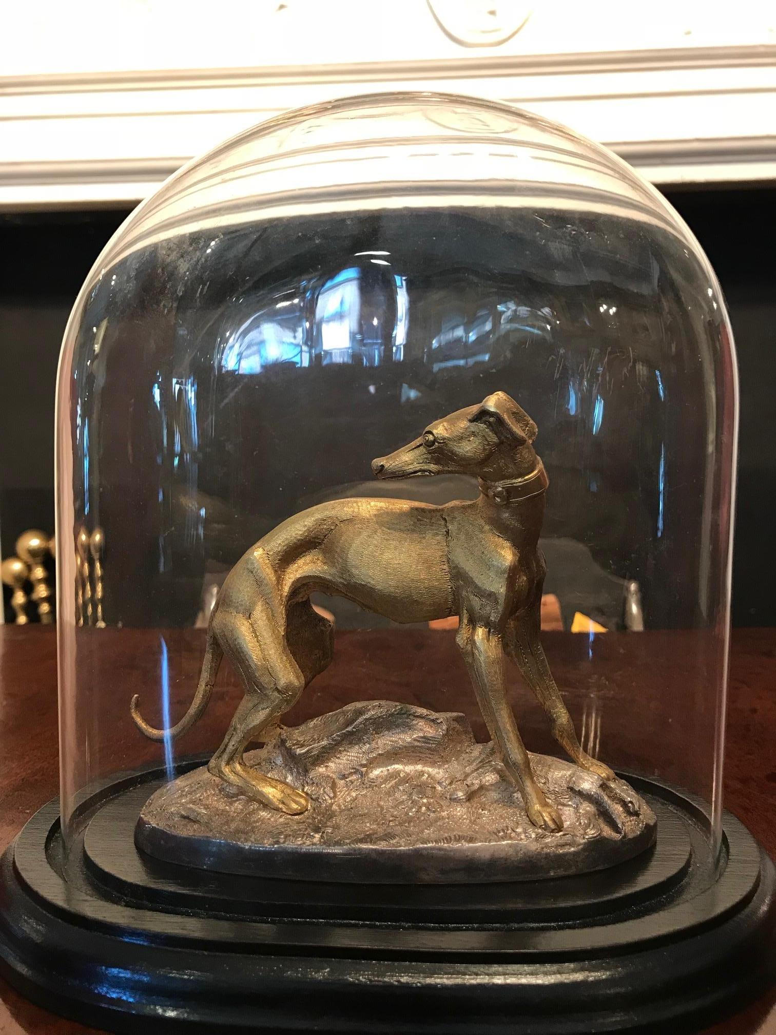 Early 19th Century Gilt Bronze Whippet within Glass Cloche Dome Display Case In Excellent Condition For Sale In Dublin 8, IE