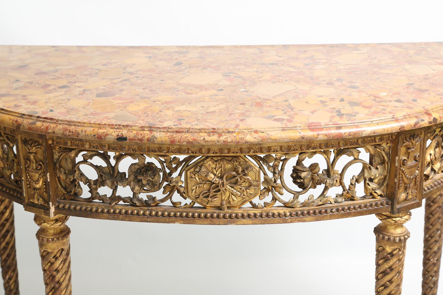 Louis XVI Early 19th Century Giltwood Demilune Console with Breche d'alep Marble Top