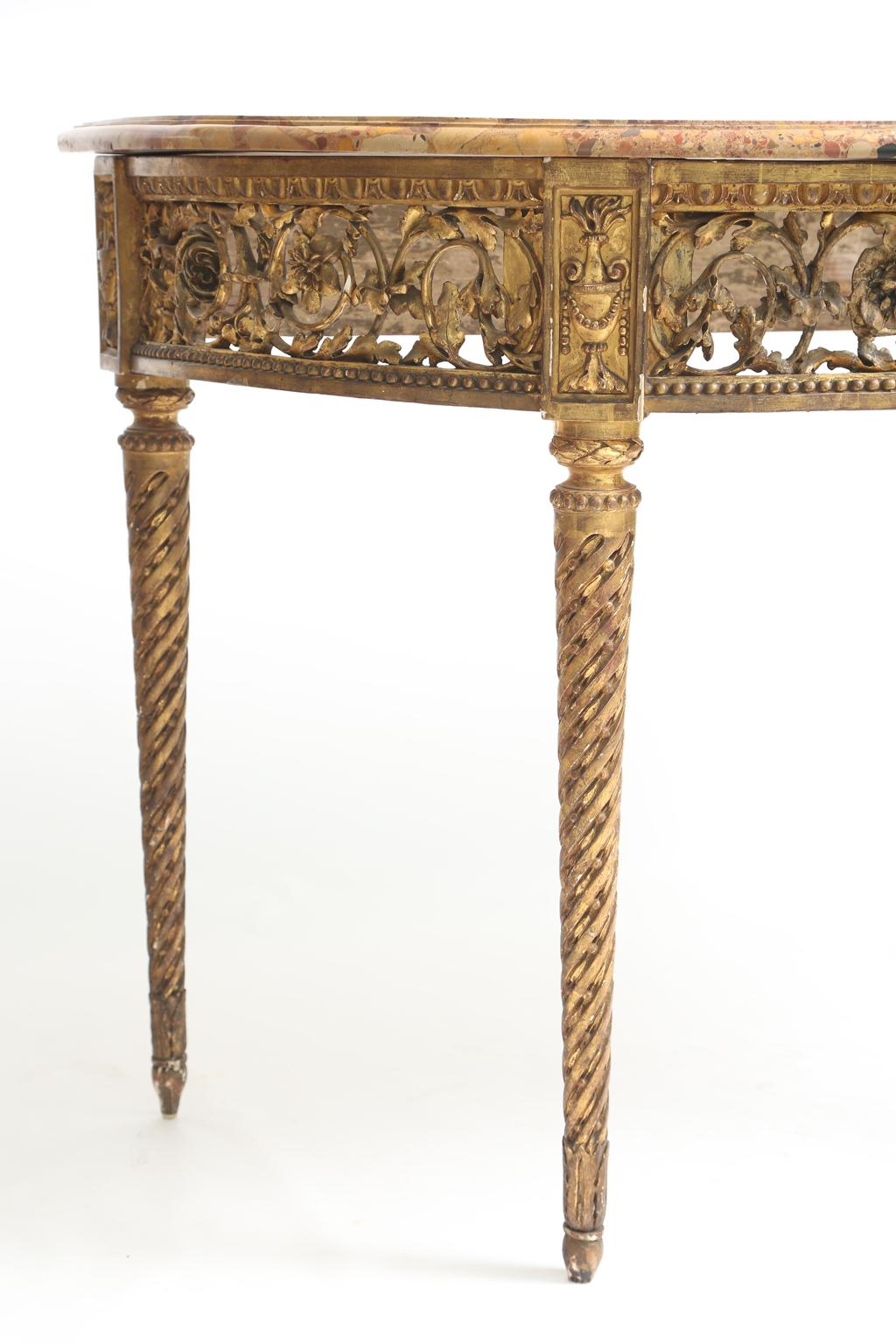 French Early 19th Century Giltwood Demilune Console with Breche d'alep Marble Top