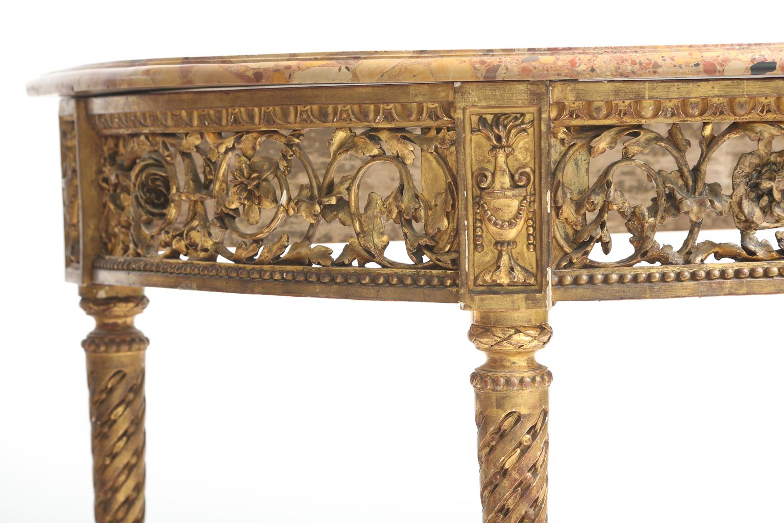 Hand-Carved Early 19th Century Giltwood Demilune Console with Breche d'alep Marble Top