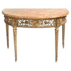 Console Demilune in legno dorato del primo Ottocento con piano in marmo di Breche d'alep