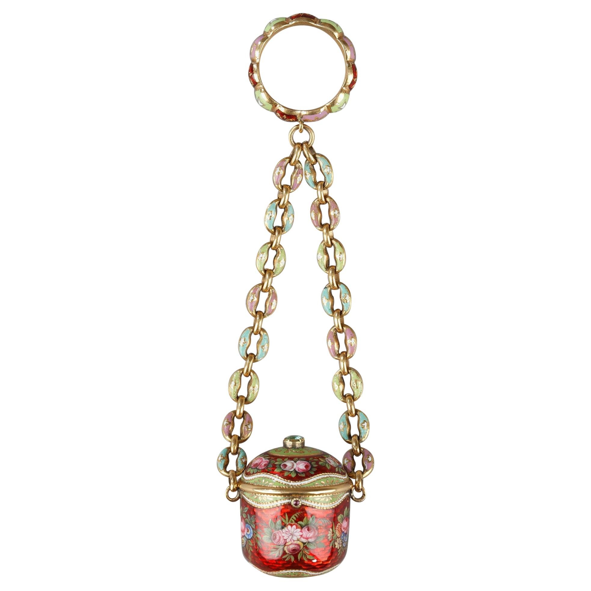 Early 19th Century Gold and Enamel Vinaigrette, Chain, and Ring, circa 1820 For Sale
