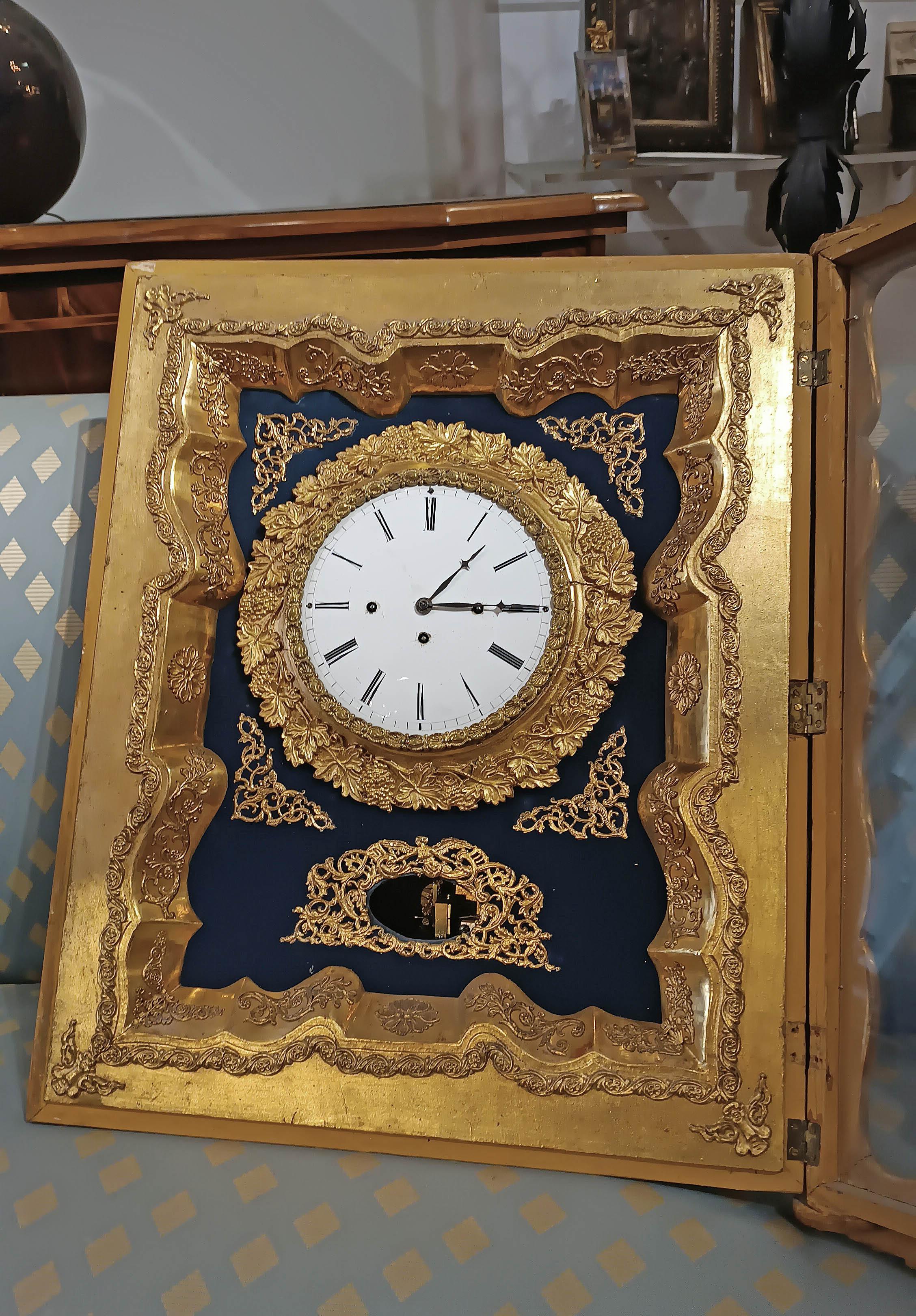 Hand-Carved EARLY 19th CENTURY GOLDEN WALL CLOCK WITH MUSIC BOX For Sale