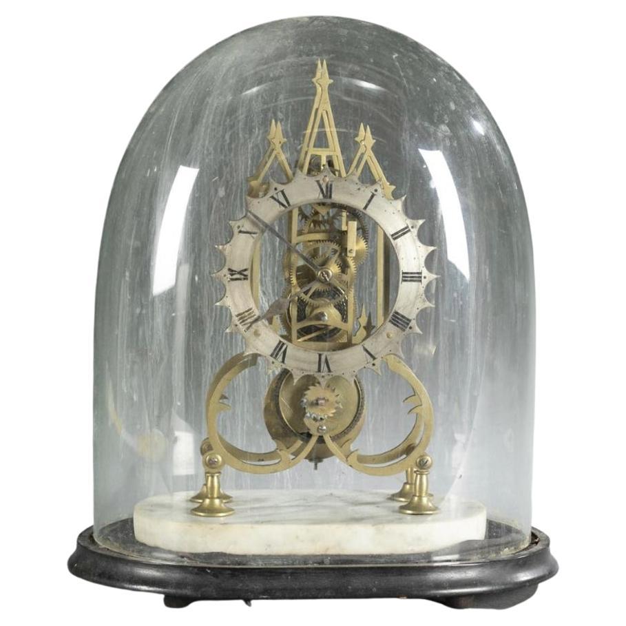 Early 19th Century, Gothic Brass Skeleton Clock on Marble Base with Glass Dome For Sale