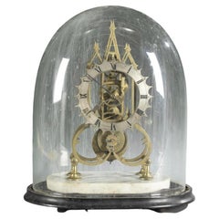 Antique Early 19th Century, Gothic Brass Skeleton Clock on Marble Base with Glass Dome