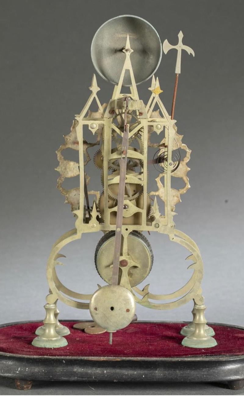Early 19th Century, Gothic Brass Skeleton Clock on Wood Base with Glass Dome In Good Condition For Sale In Middleburg, VA