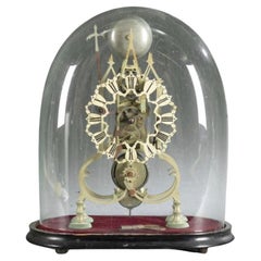 Early 19th Century, Gothic Brass Skeleton Clock on Wood Base with Glass Dome