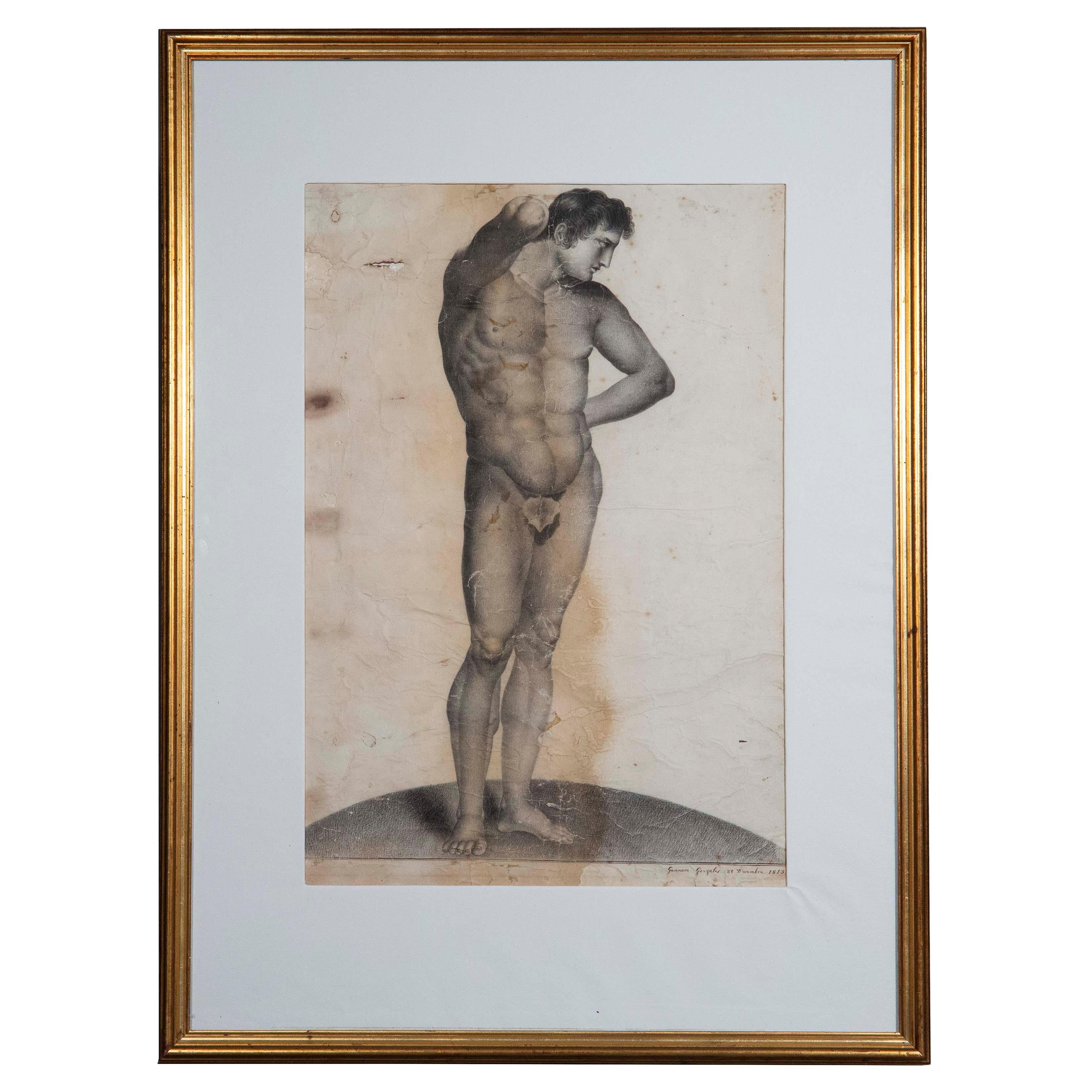 Early 19th Century Grand Tour Male Nude Drawing of an Athletic Youth In Fair Condition For Sale In Richmond, London