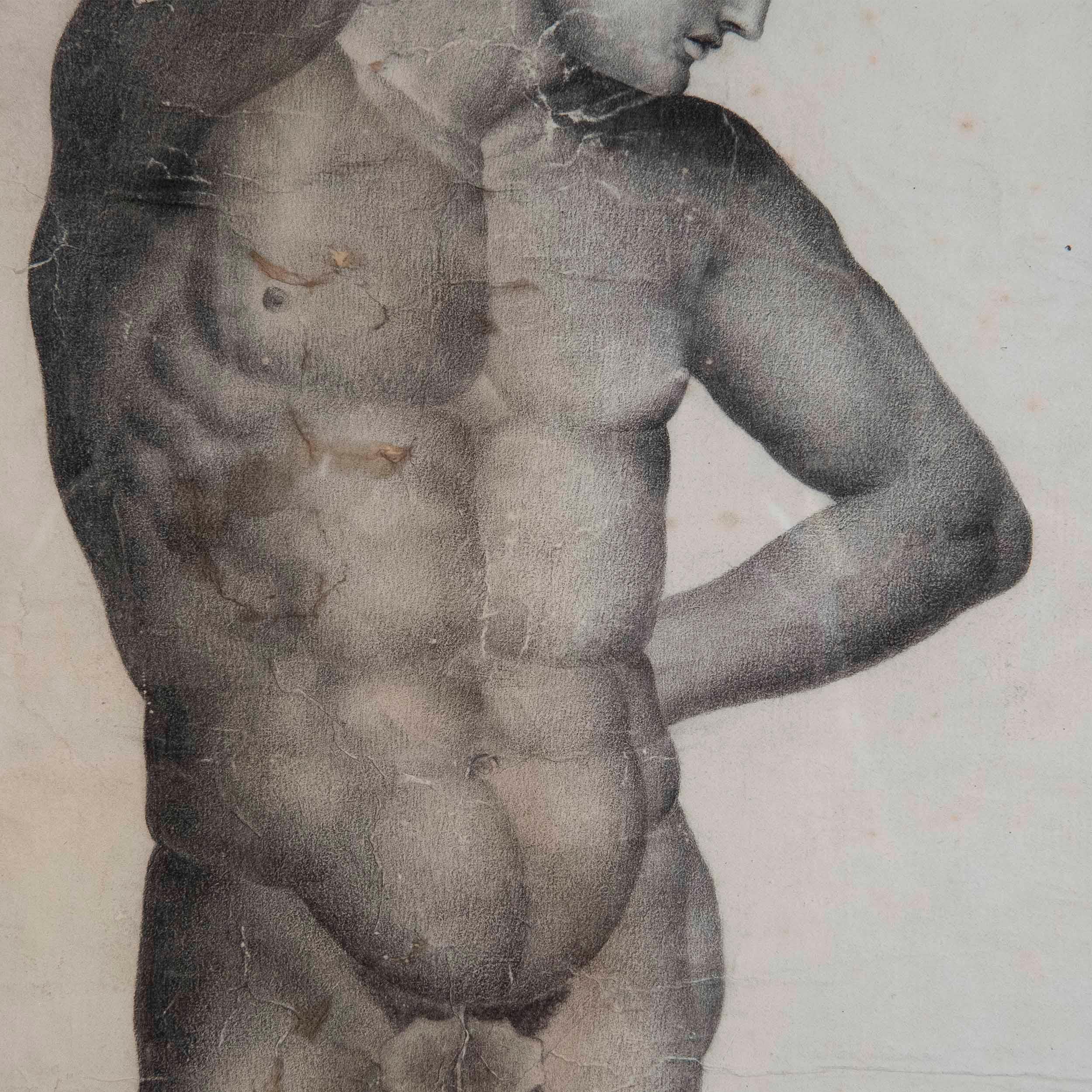 Paper Early 19th Century Grand Tour Male Nude Drawing of an Athletic Youth For Sale