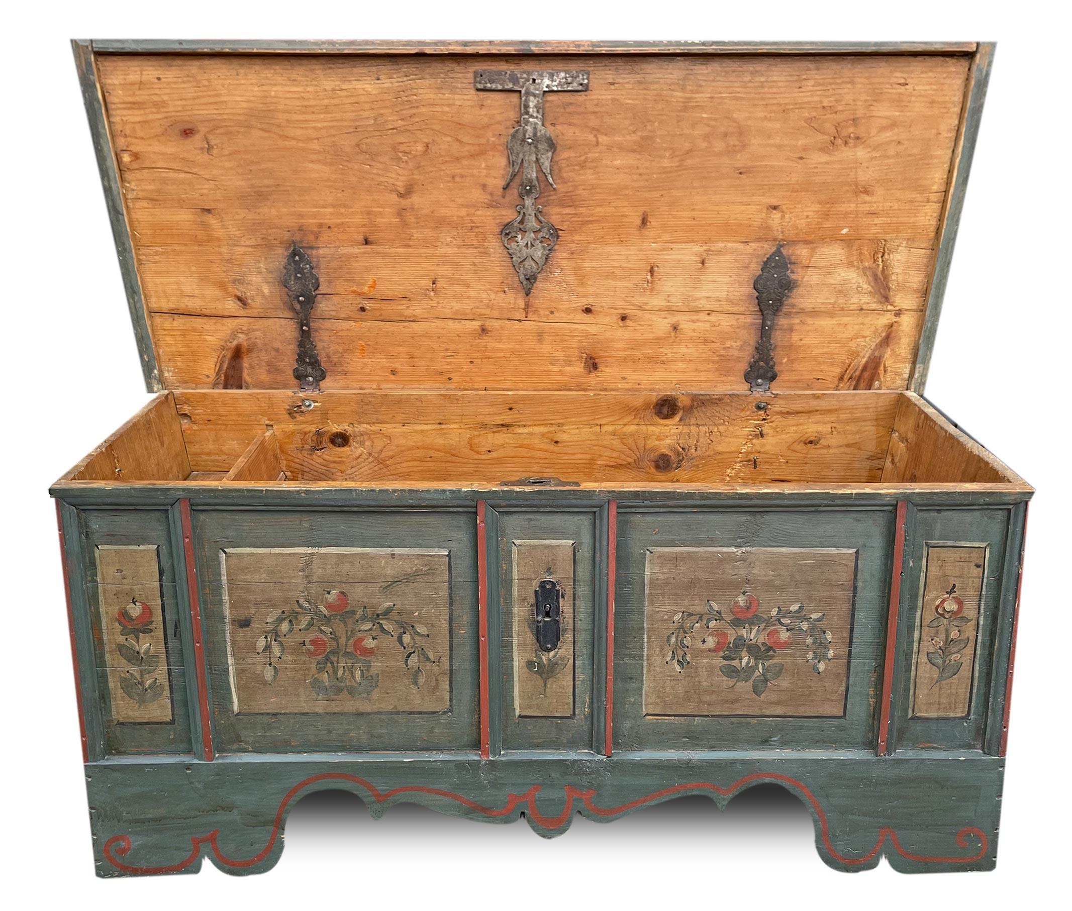 Italian Early 19th Century Green Floral Painted Blanket Chest