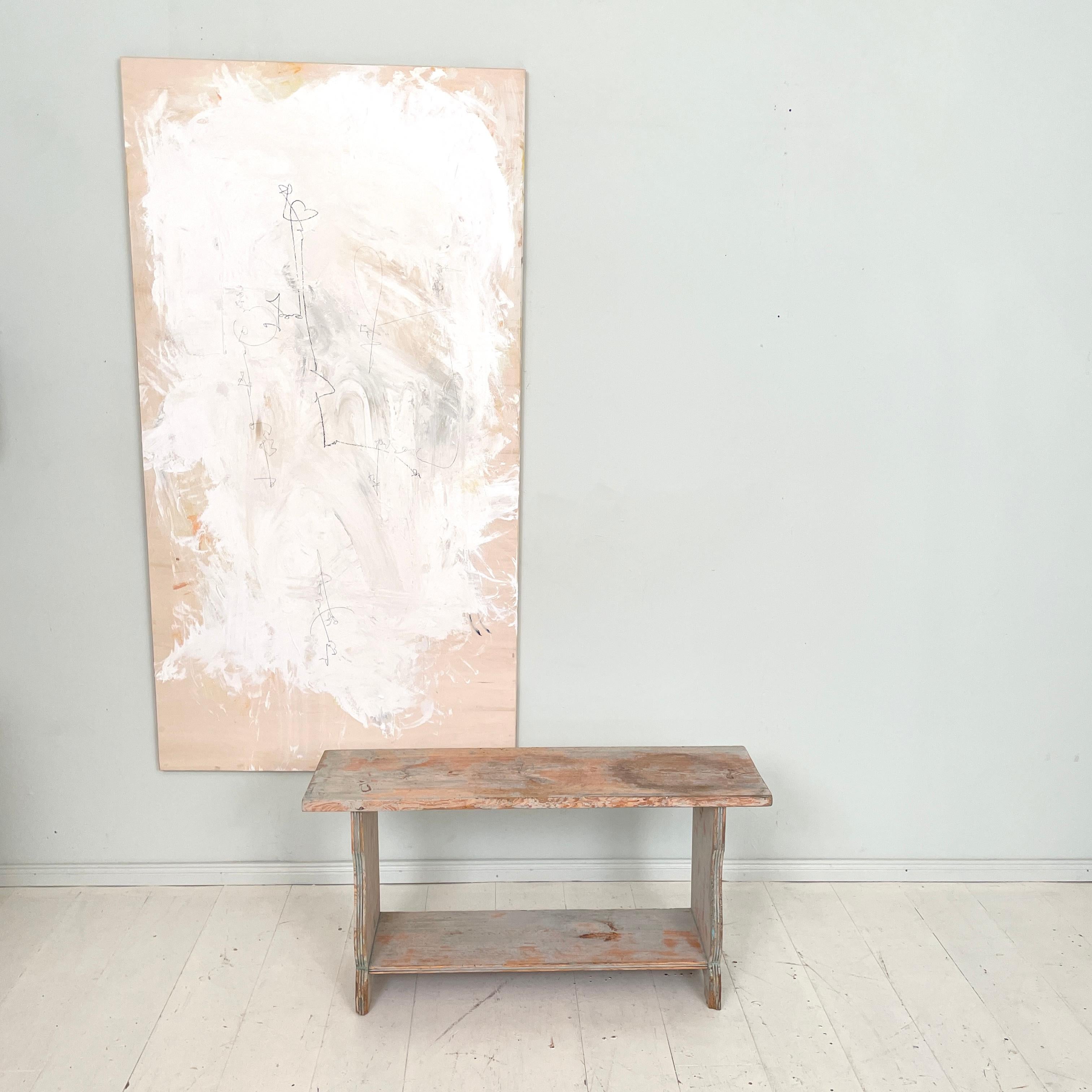 This Gustavian bench is from the Swedish country side. It was made around 1820 and is in untouched original condition with genuine wear and patina. The condition of the bench is the authentic result of 200 years of use. 
A unique piece which is a