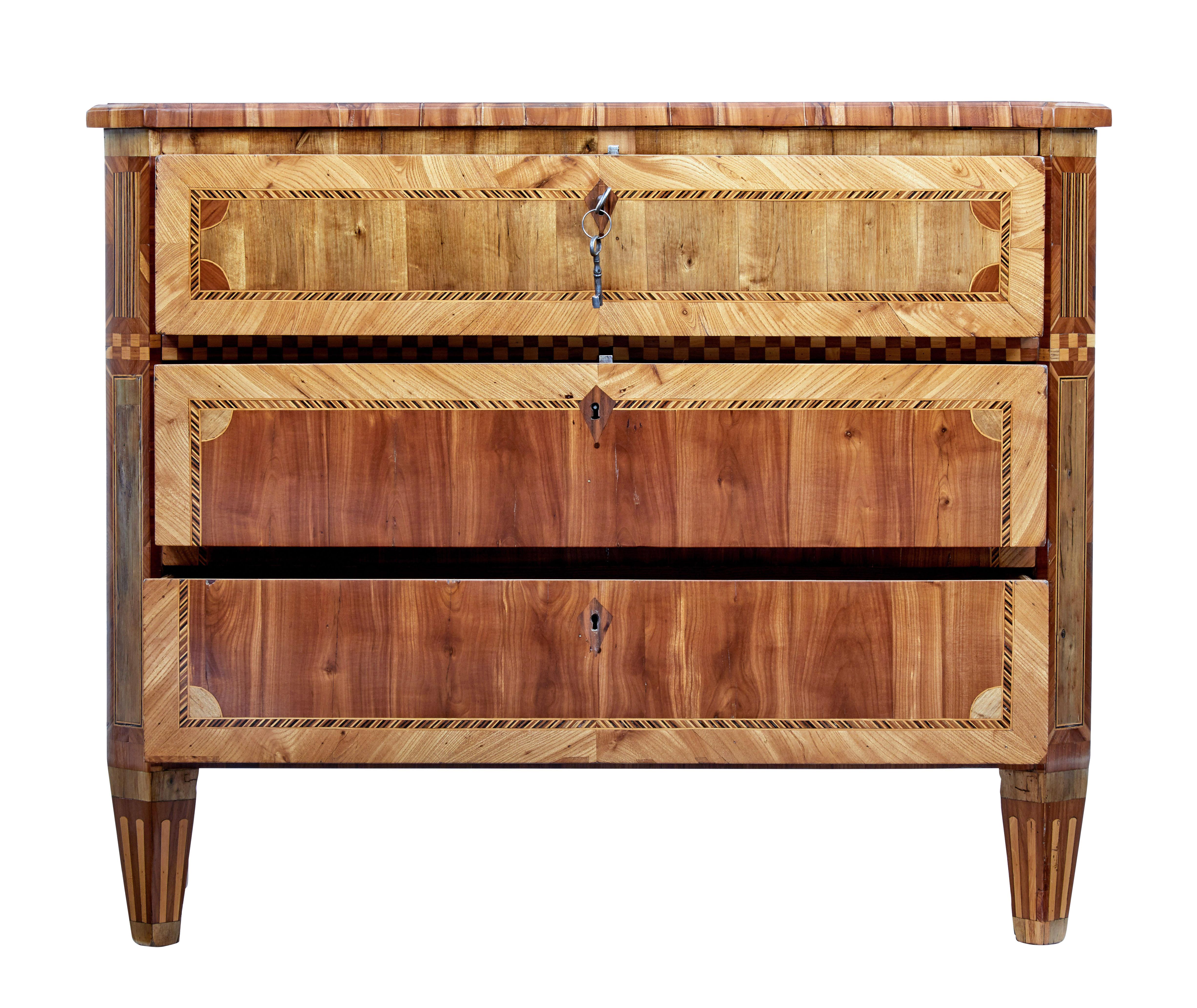 Swedish Early 19th Century Gustavian Inlaid Elm Chest of Drawers