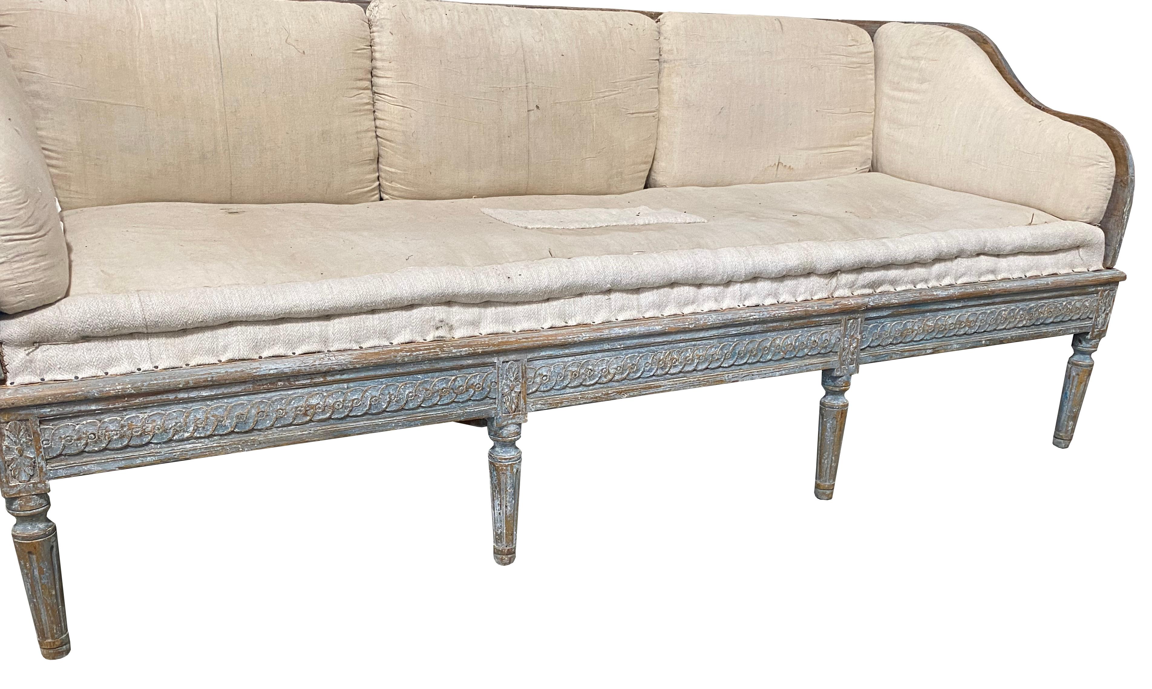 Early 19th Century Gustavian Swedish Wood Sofa with Original Blue Paint 1