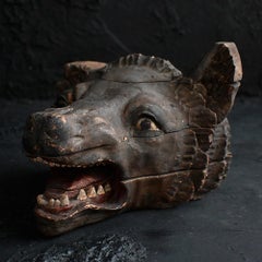 Early 19th century hand carved hunting lodge fragment wolfs head