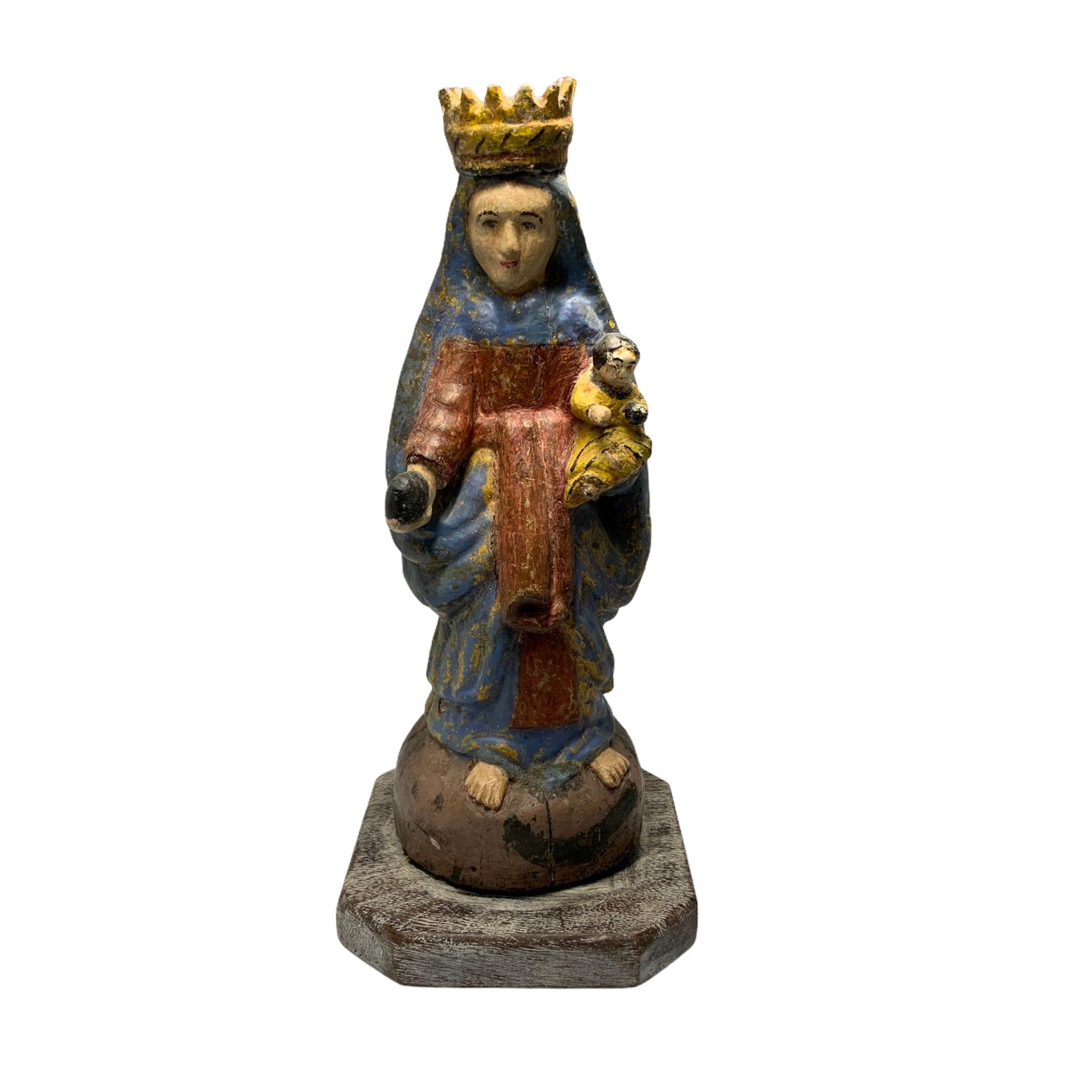 Early 19th Century Hand Carved Wood Sculpture of Virgen de Carmen Santo For Sale