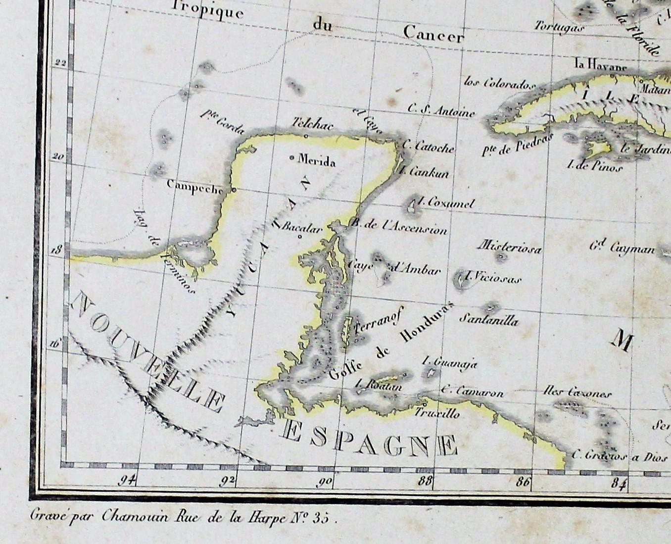 Français Carte colorée à la main des États-Unis et des îles des Caraïbes du début du XIXe siècle en vente