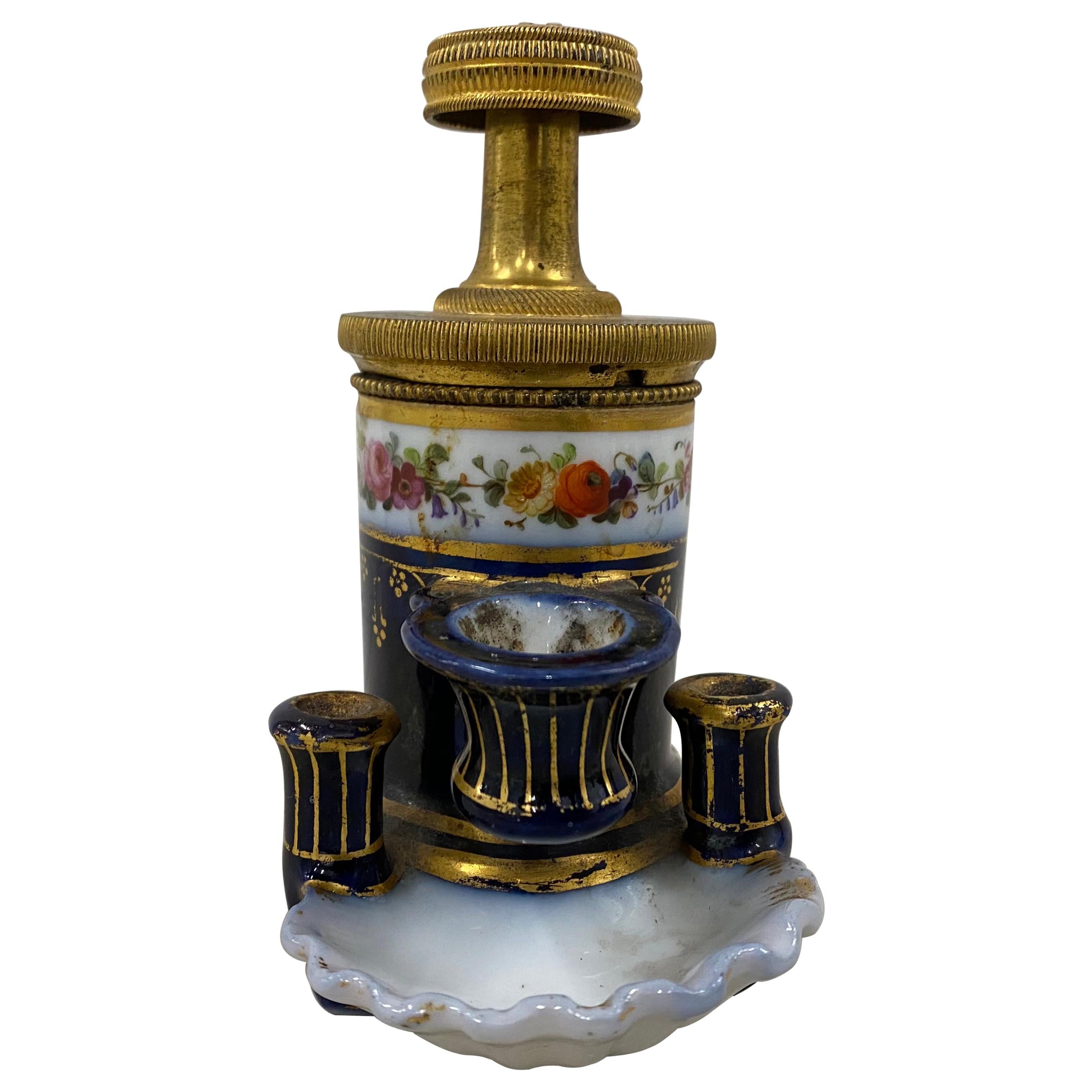 Early 19th Century Hand Painted Porcelain & Brass Inkwell, Paris, 1839