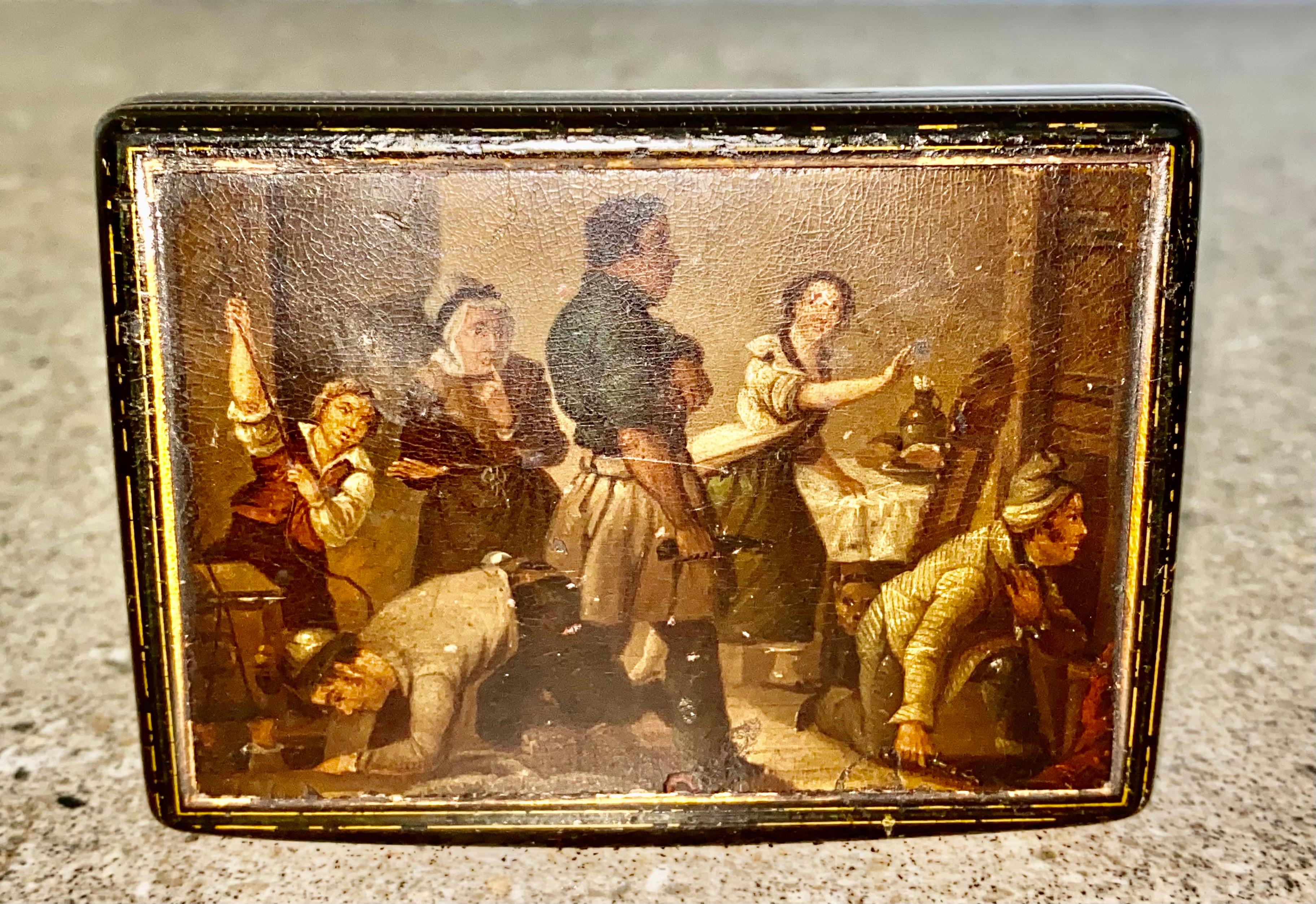 German Early 19th Century Hand Painted Stobwasser Type Papier Mache Table Snuff Box For Sale