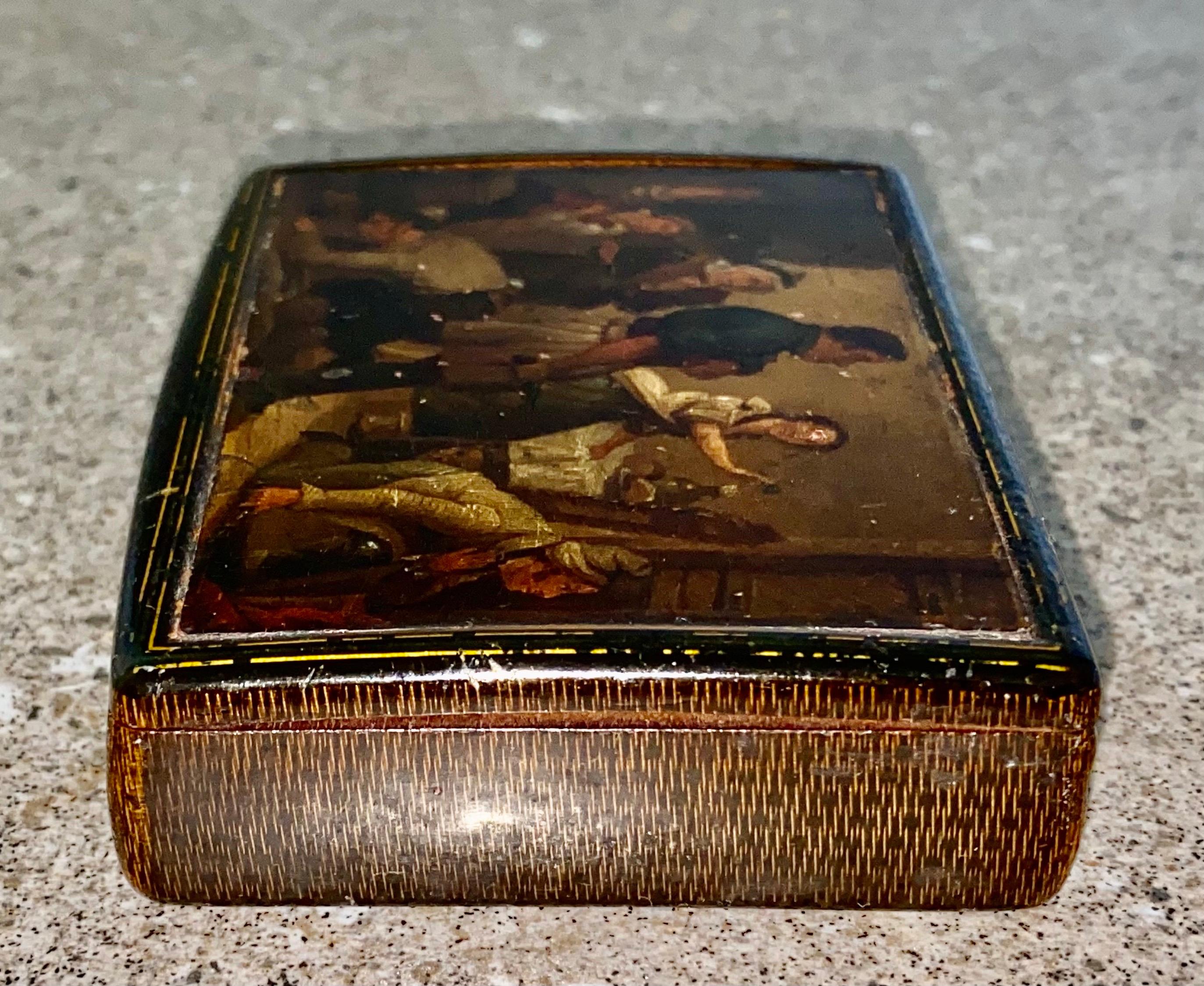 Early 19th Century Hand Painted Stobwasser Type Papier Mache Table Snuff Box For Sale 1