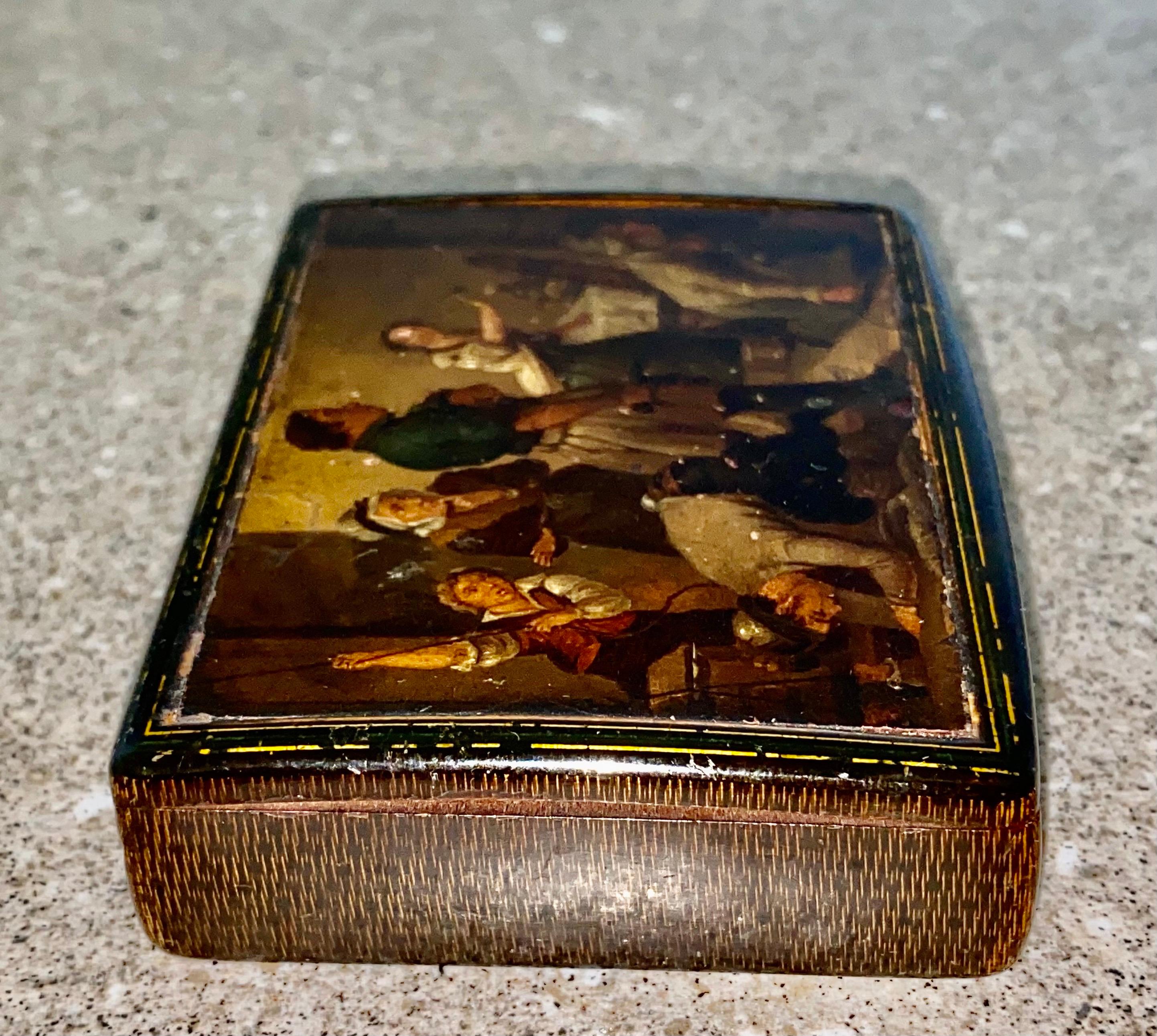 Early 19th Century Hand Painted Stobwasser Type Papier Mache Table Snuff Box For Sale 2