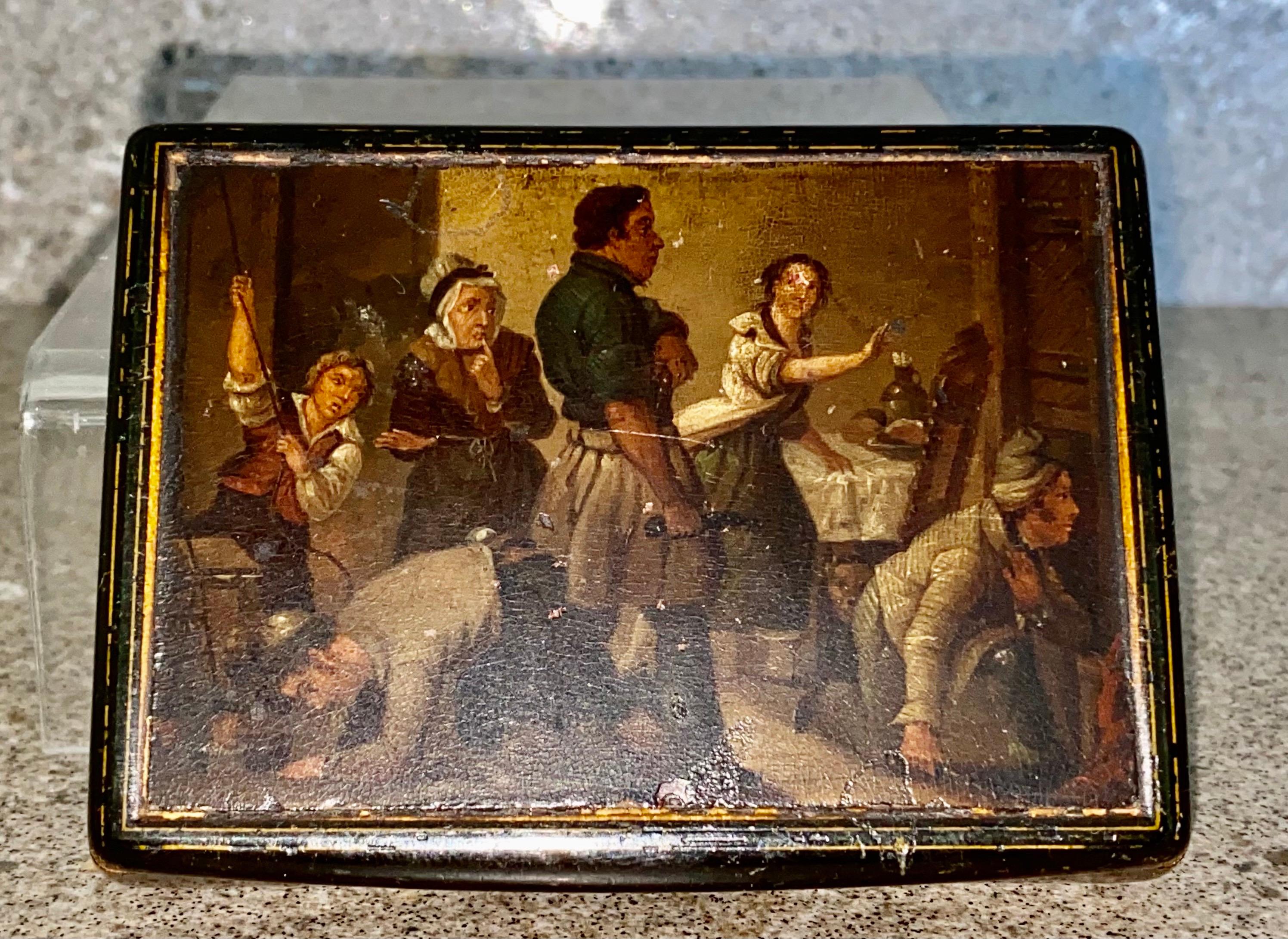 Early 19th Century Hand Painted Stobwasser Type Papier Mache Table Snuff Box For Sale 3