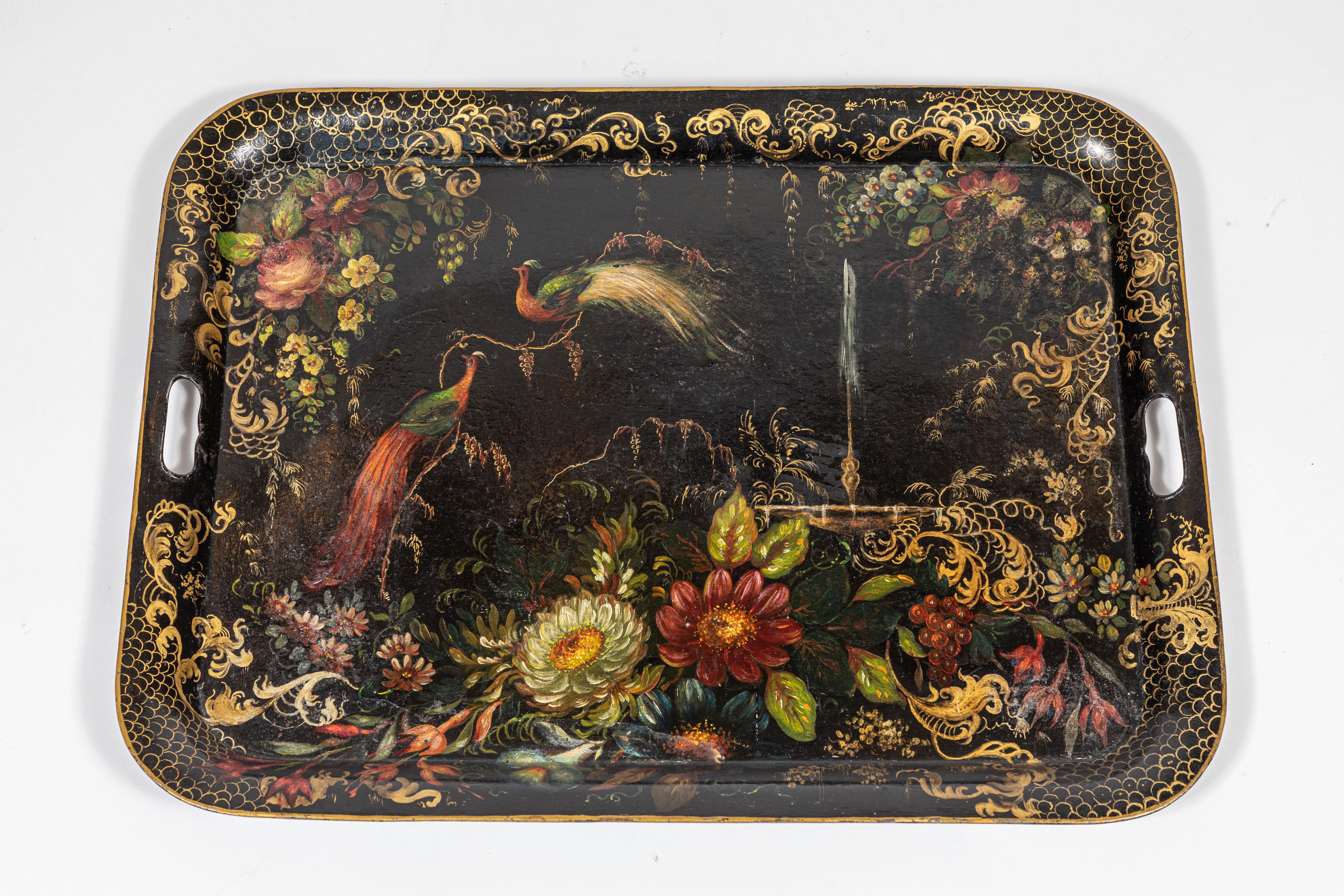 Early 19th century hand painted toleware tray, beautifully hand painted with birds and flowers.