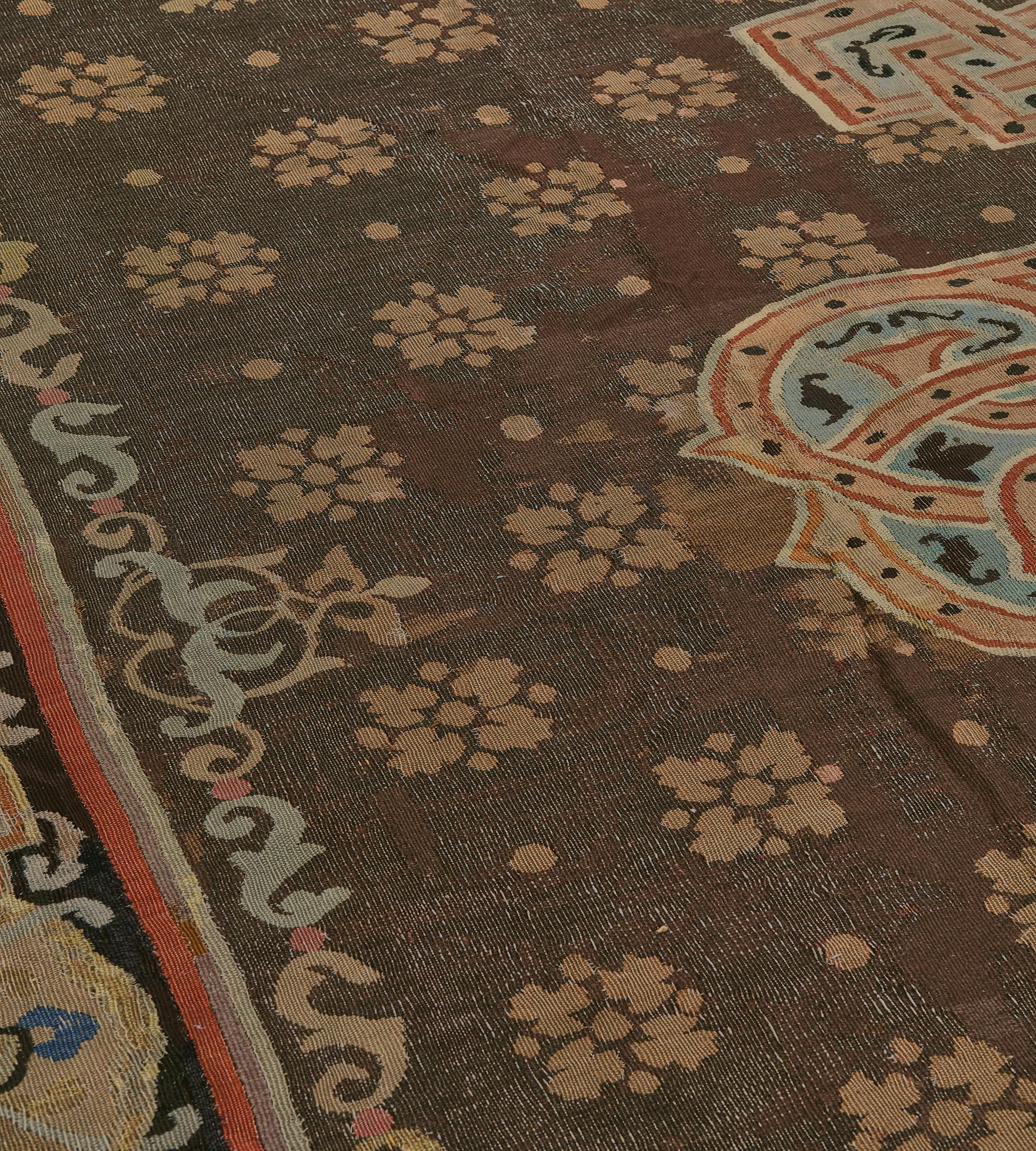 Hand-Knotted Early 19th Century Handmade Brown Wool Floral French Aubusson Rug For Sale