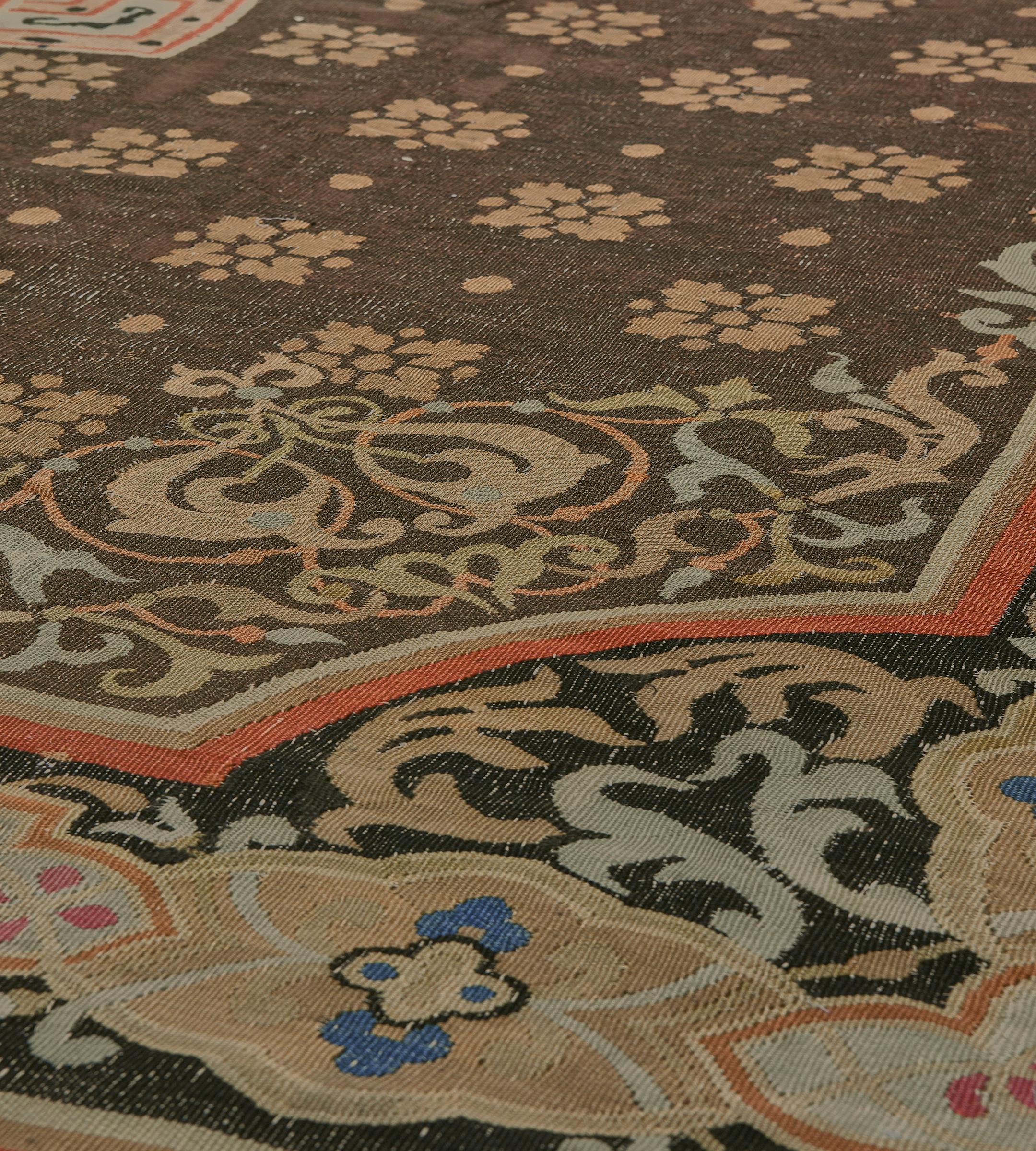 Early 19th Century Handmade Brown Wool Floral French Aubusson Rug For Sale 2
