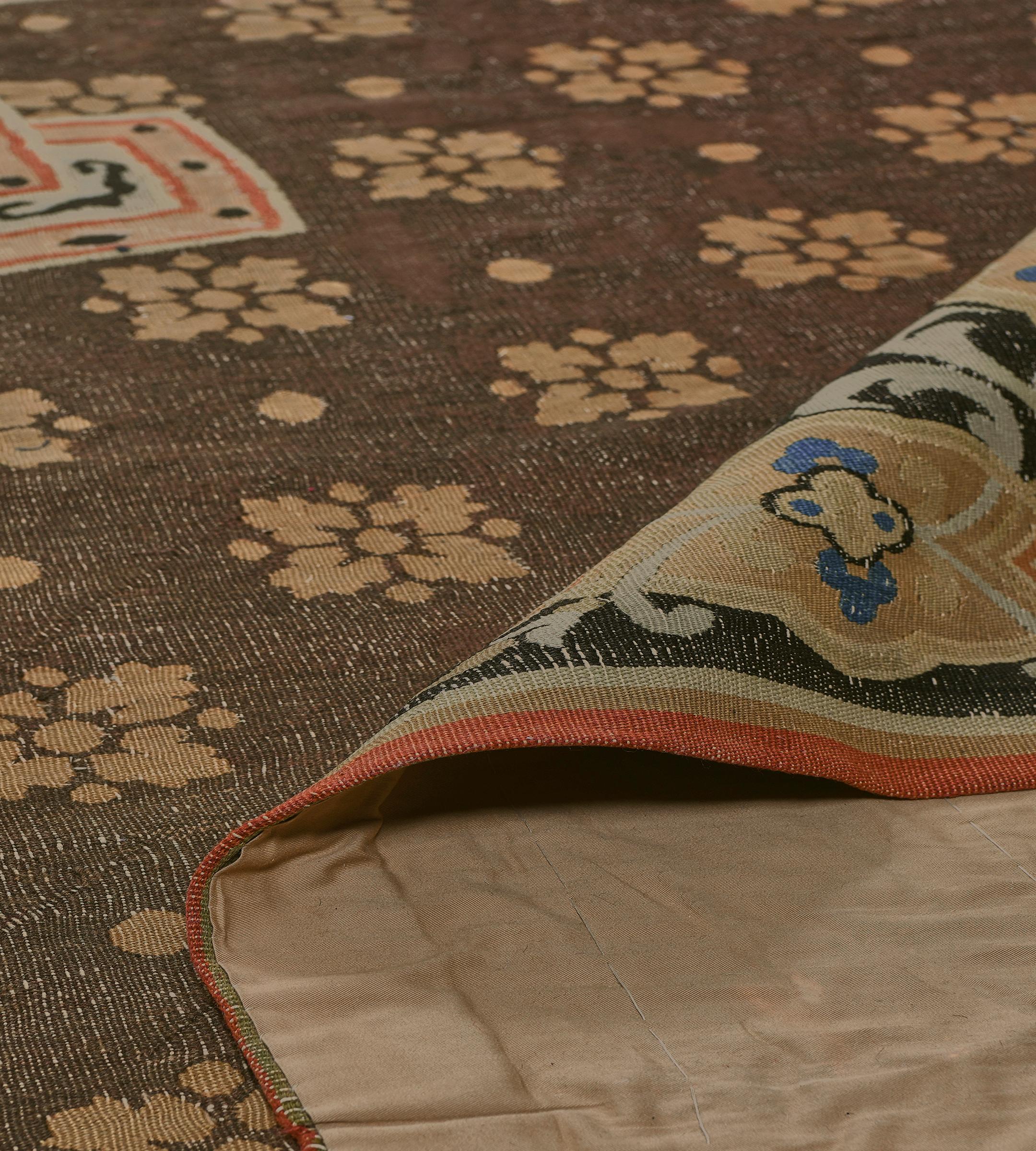 Early 19th Century Handmade Brown Wool Floral French Aubusson Rug For Sale 5