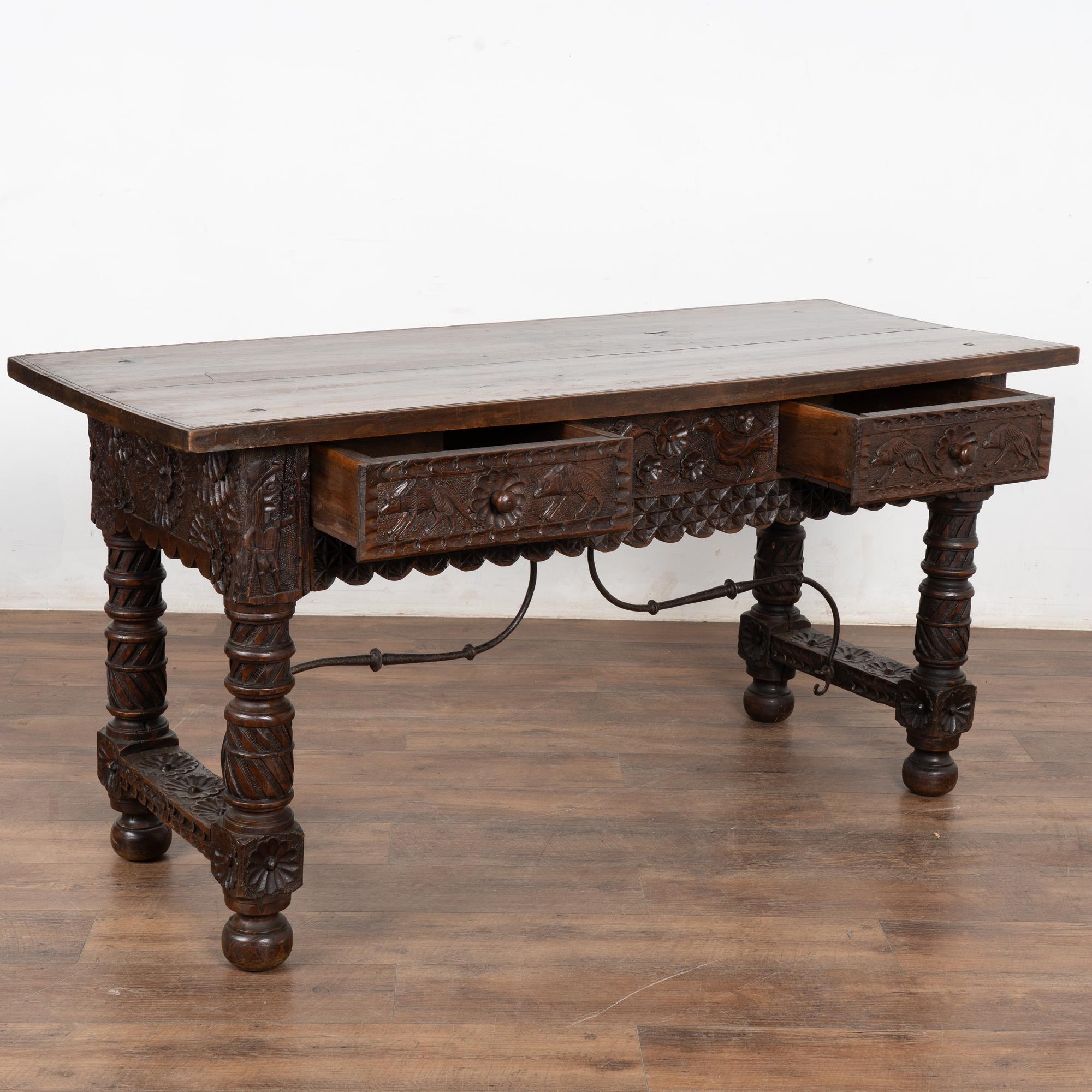 Spanish Colonial Early 19th Century Highly Carved Walnut Console with Drawers, Spain For Sale