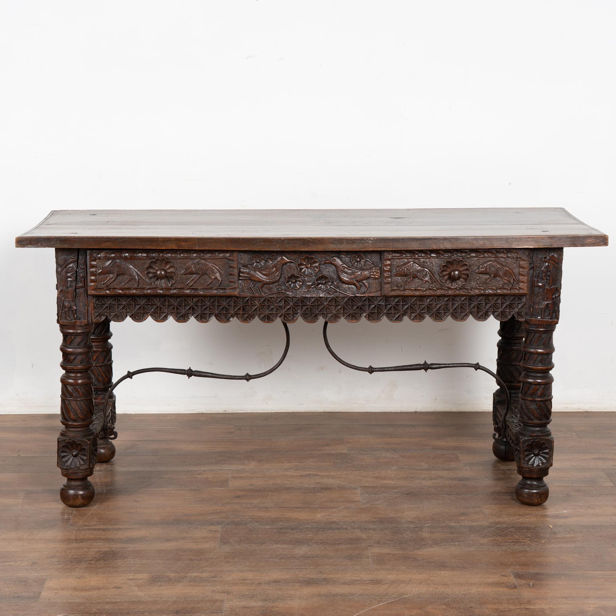 Spanish Early 19th Century Highly Carved Walnut Console with Drawers, Spain For Sale