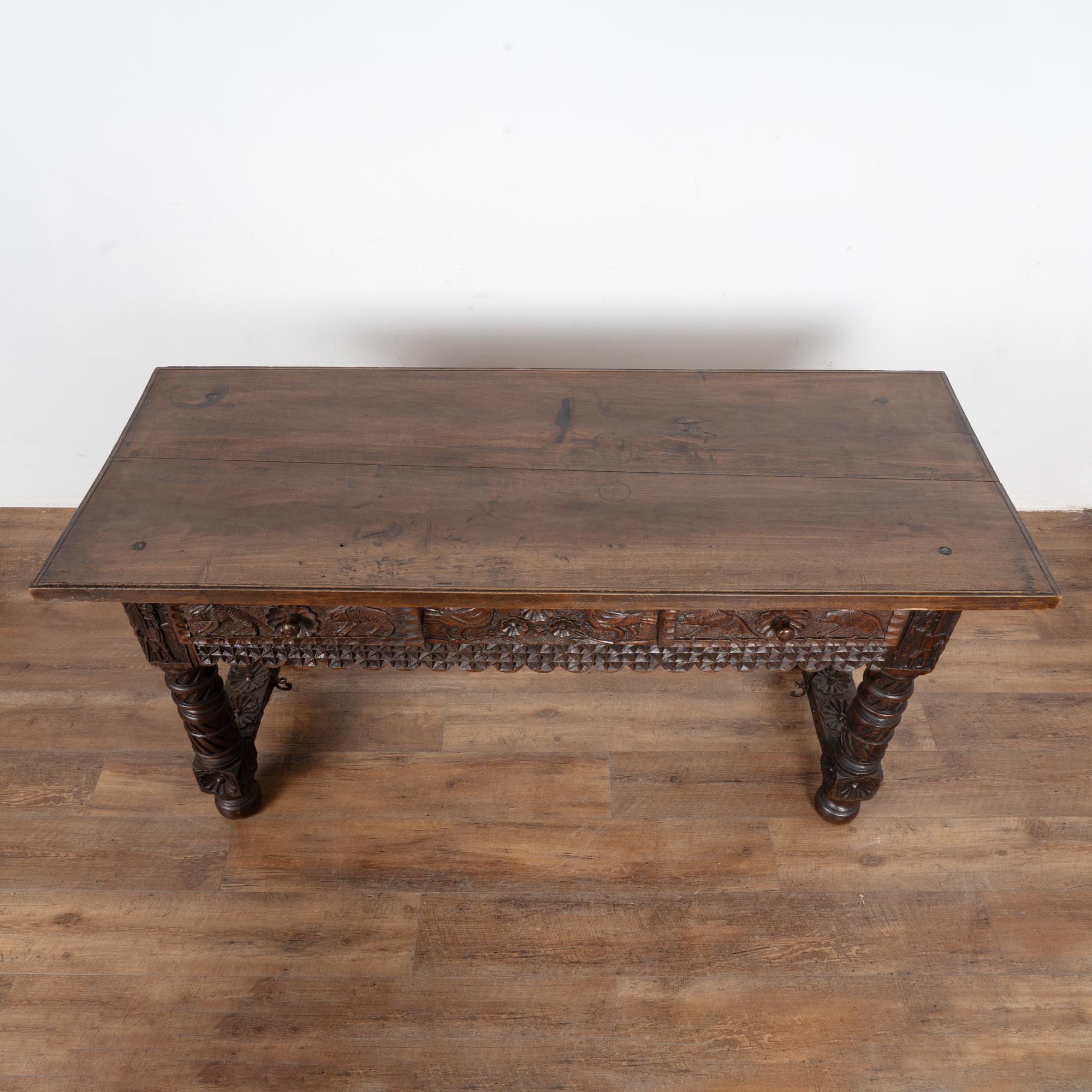 Early 19th Century Highly Carved Walnut Console with Drawers, Spain In Fair Condition For Sale In Round Top, TX