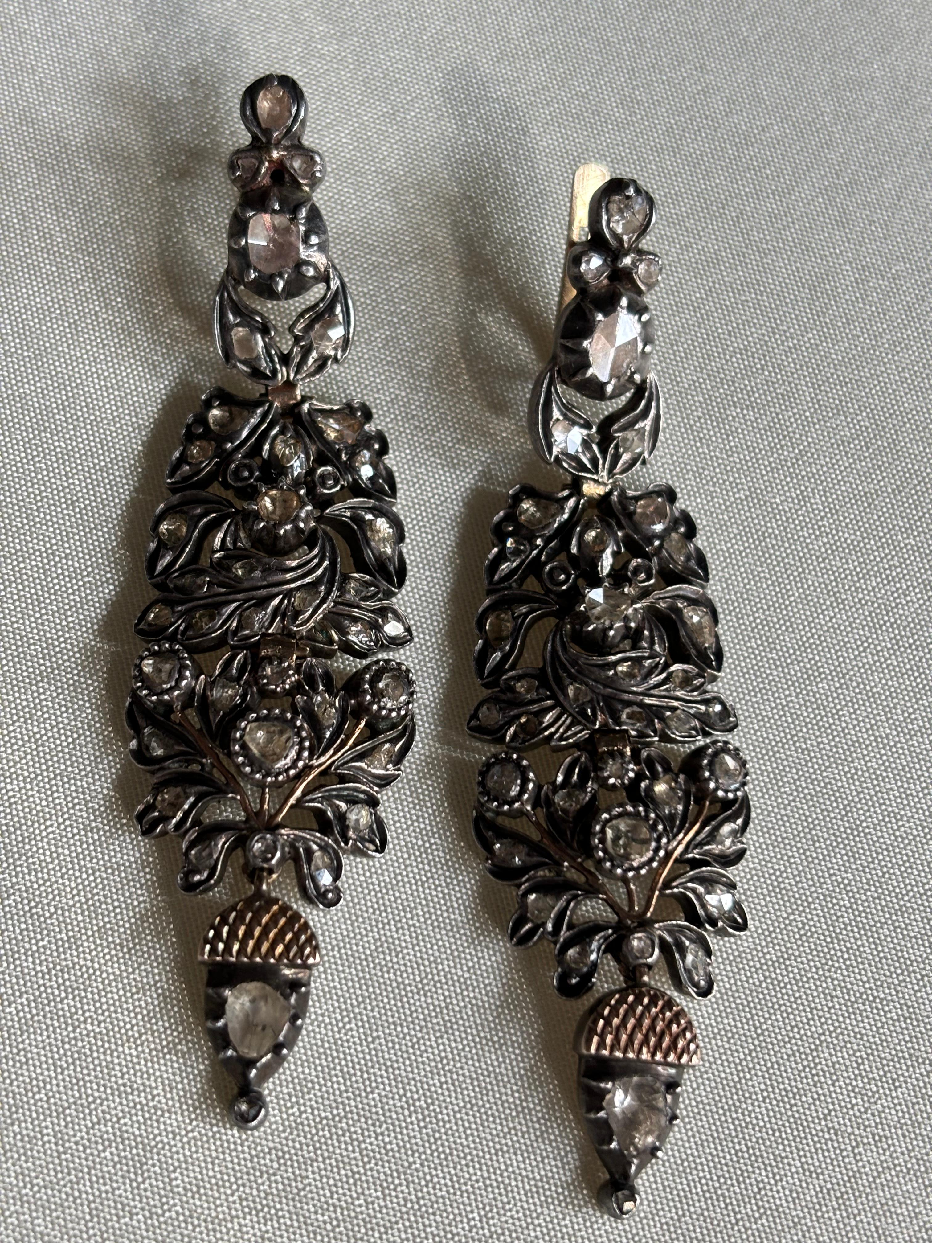 Early 19th Century Iberian/Georgian Rose Cut Diamond Chandelier Earrings. For Sale 6