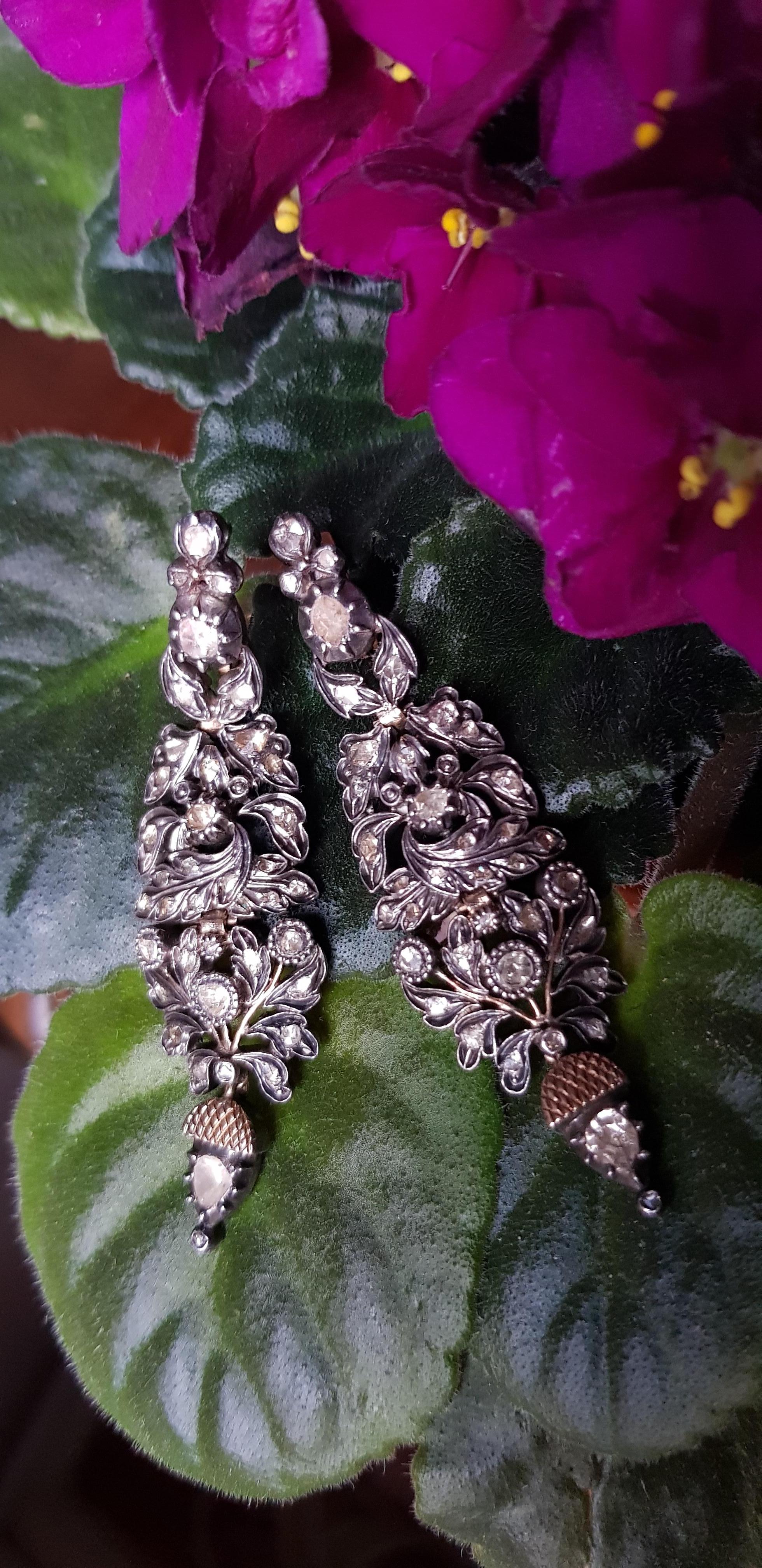 Early 19th Century Iberian/Georgian Rose Cut Diamond Chandelier Earrings. For Sale 1