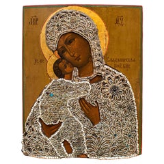 Antique Early 19th Century Icon Valdimir's Mother of God Painting Egg Tempera on Wood