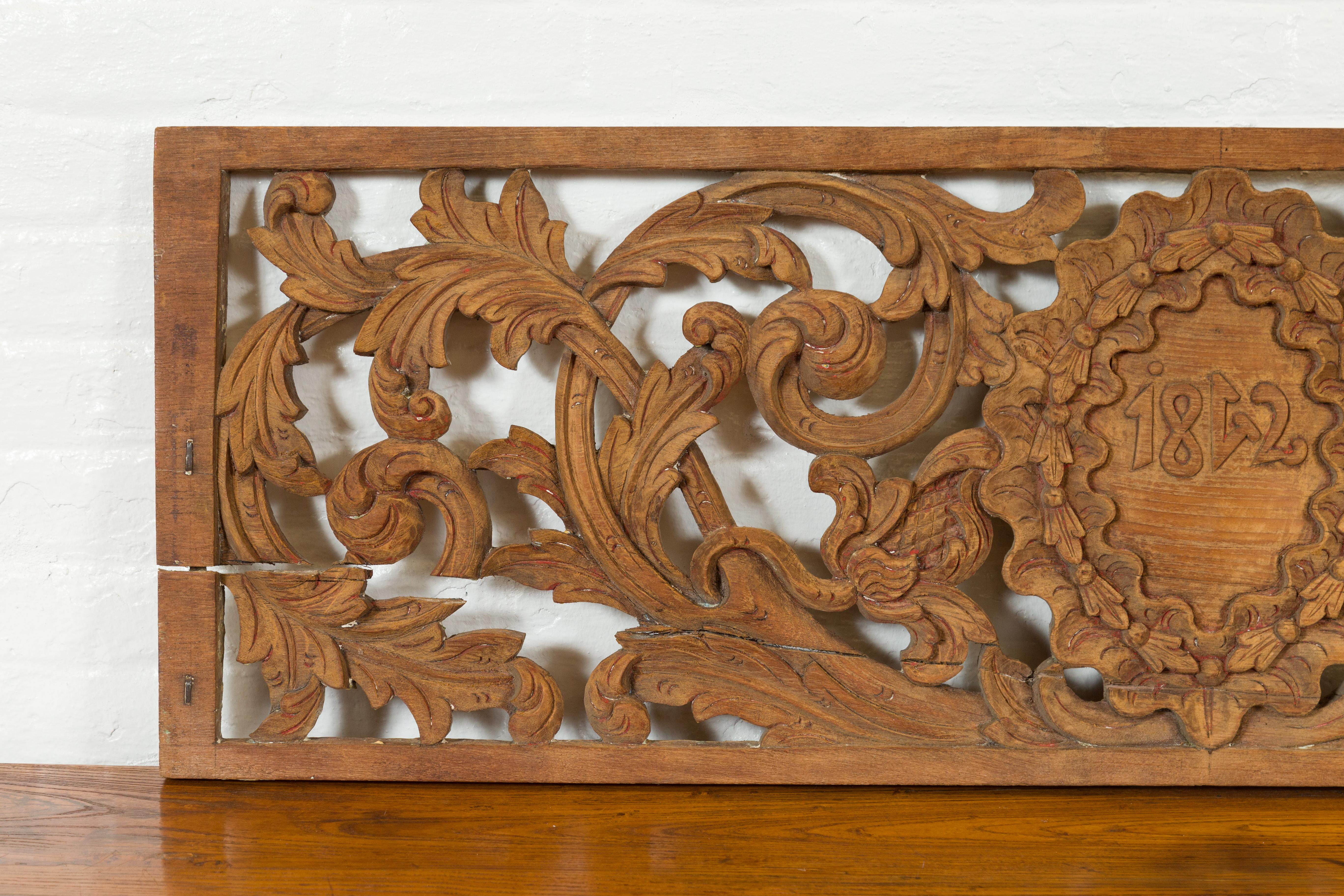 Wood Early 19th Century Indonesian Architectural Transom Panel with Carved Foliage