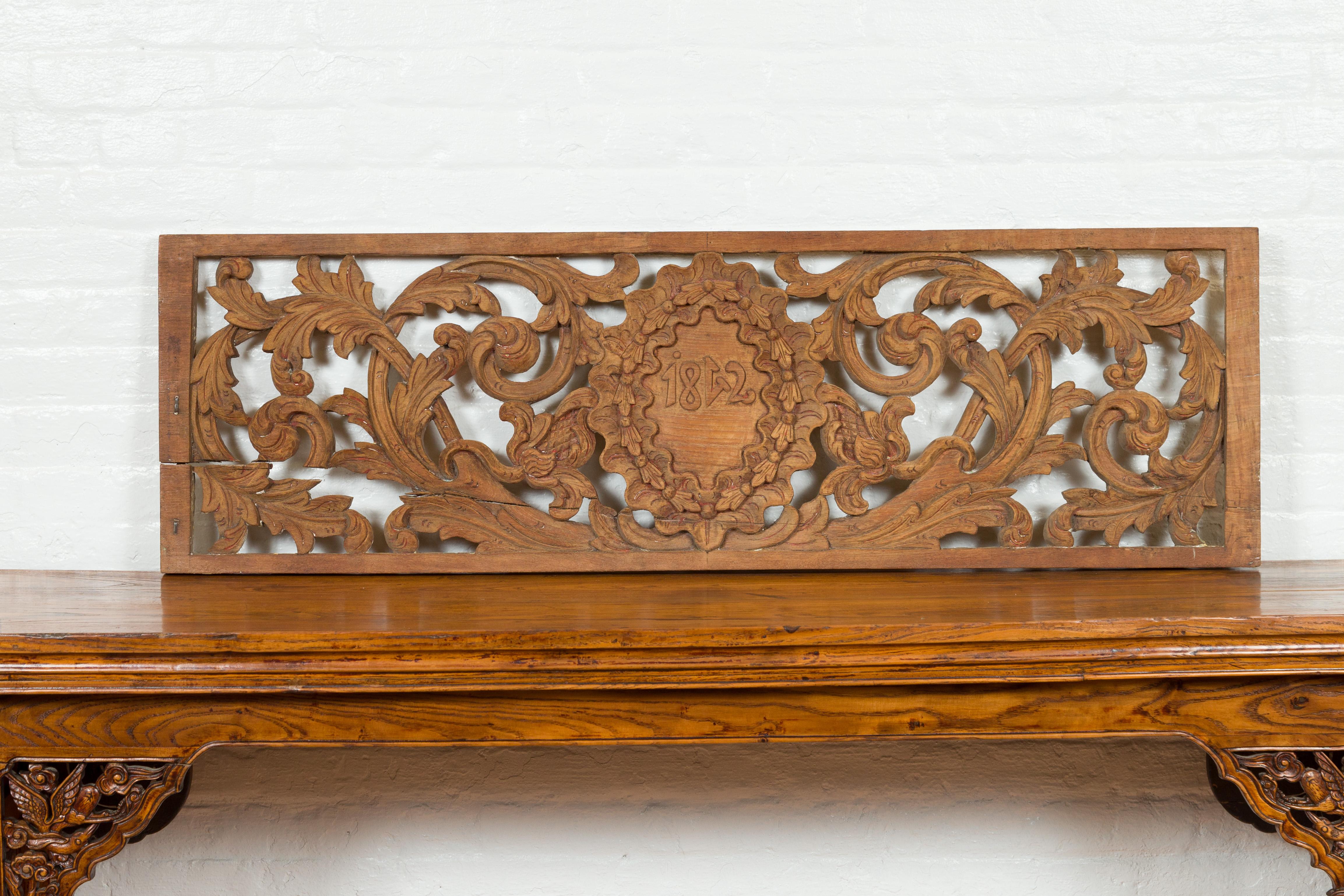 Early 19th Century Indonesian Architectural Transom Panel with Carved Foliage 1