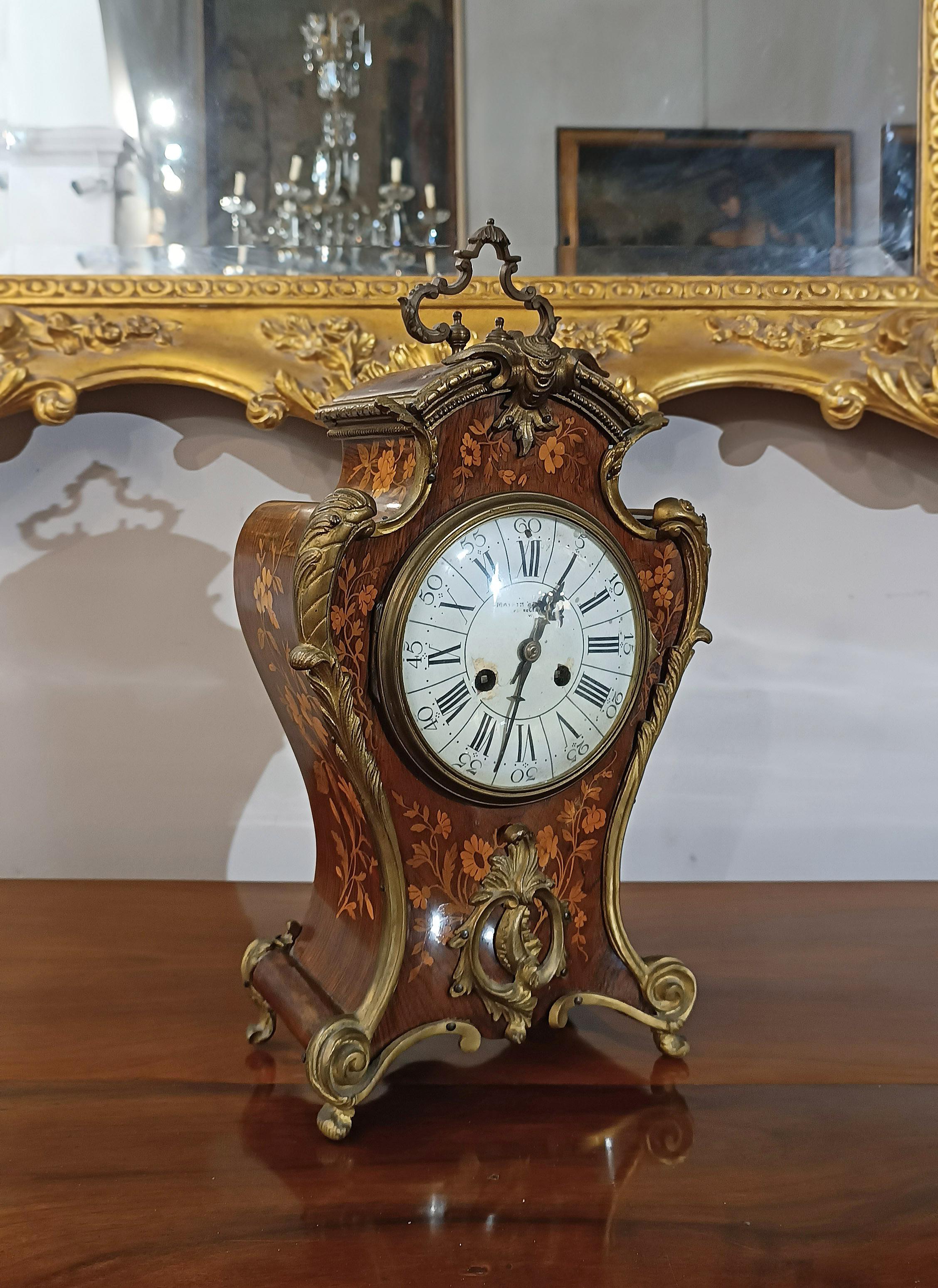French EARLY 19th CENTURY INLAID CLOCK WITH BRONZES For Sale