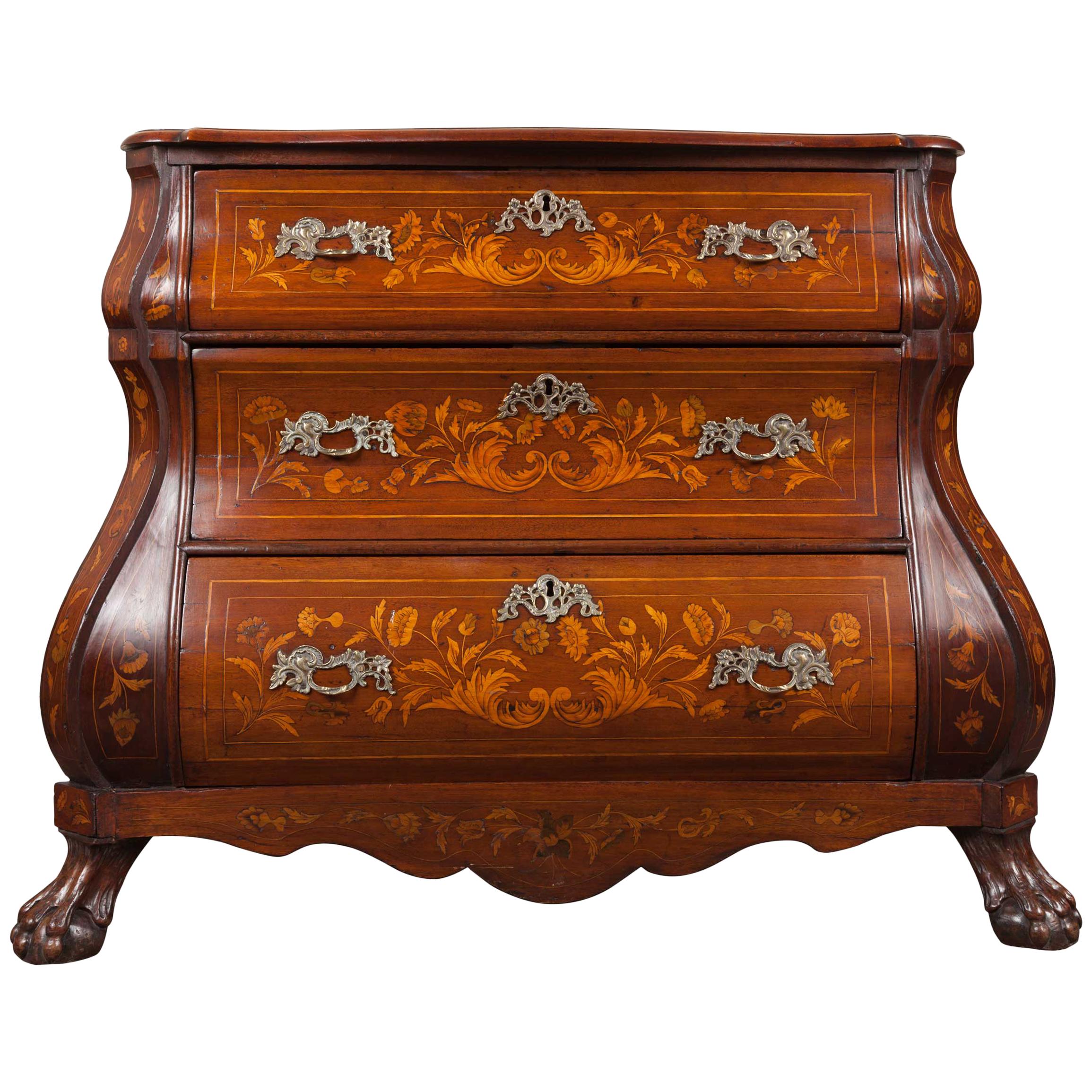 Commode, Chest of Drawers Inlaid Walnut Dutch Bombe early 19th Century im Angebot