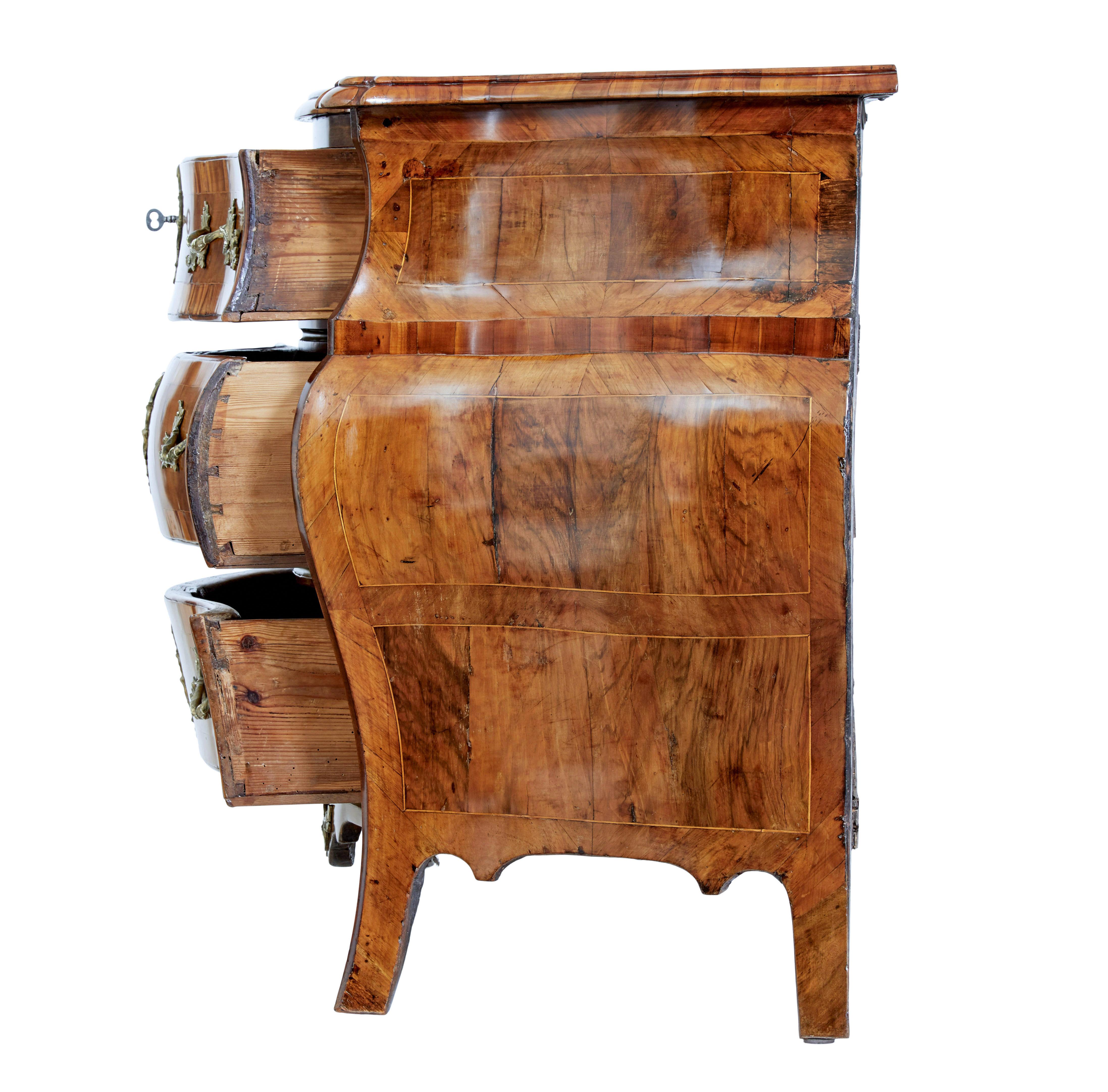 Rococo Revival Early 19th century inlaid walnut bombe commode For Sale