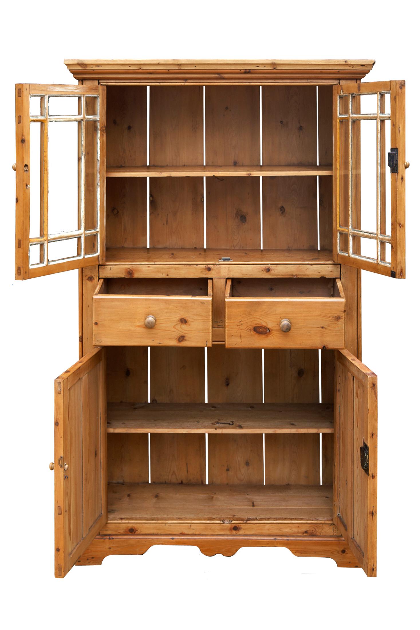 Rustic Early 19th Century Irish Pine Antique Cupboard/Original Glass