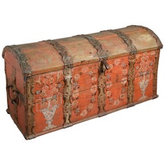 Antique Early 19th Century Iron Bound Red Painted Marriage Trunk