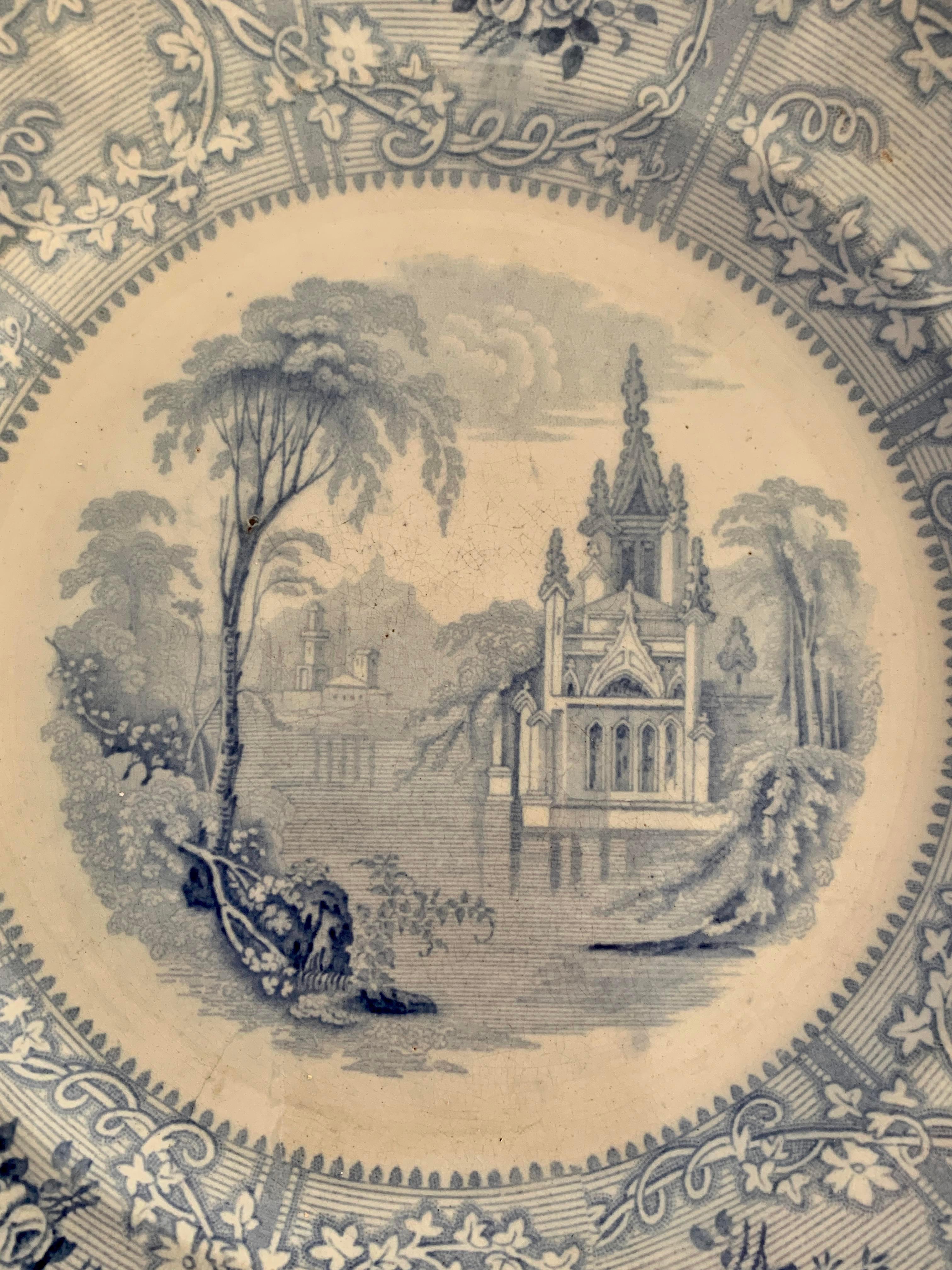 Country Early 19th Century Ironstone Blue and White Transferware Plate For Sale