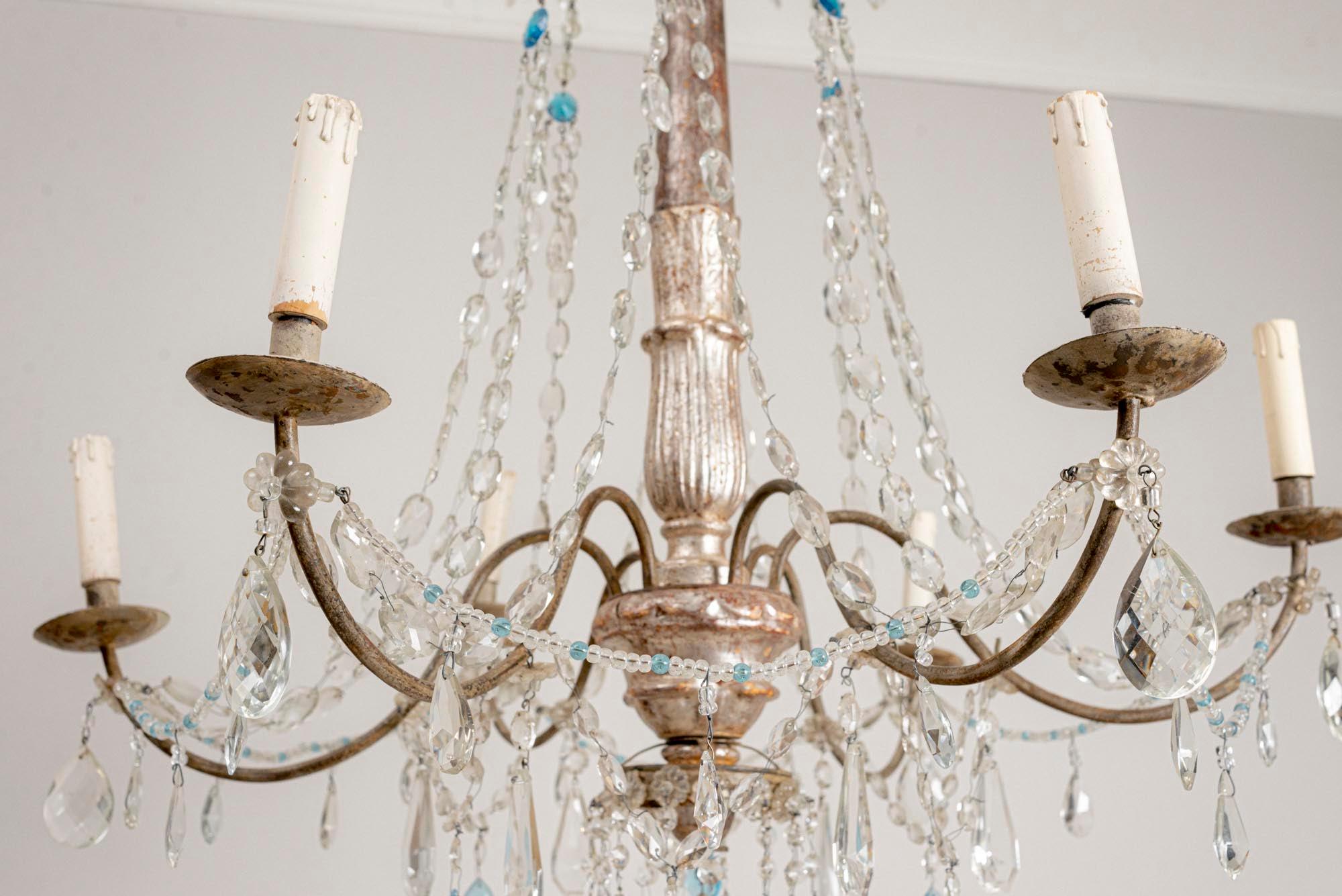 Early 19th Century Italian 6 Arm Crystal & Silver Gilt Carved Wooden Chandelier In Good Condition In London, GB