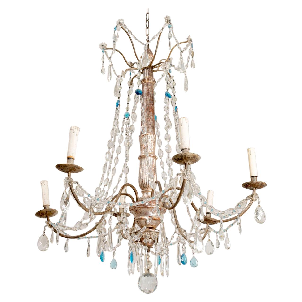 Early 19th Century Italian 6 Arm Crystal & Silver Gilt Carved Wooden Chandelier