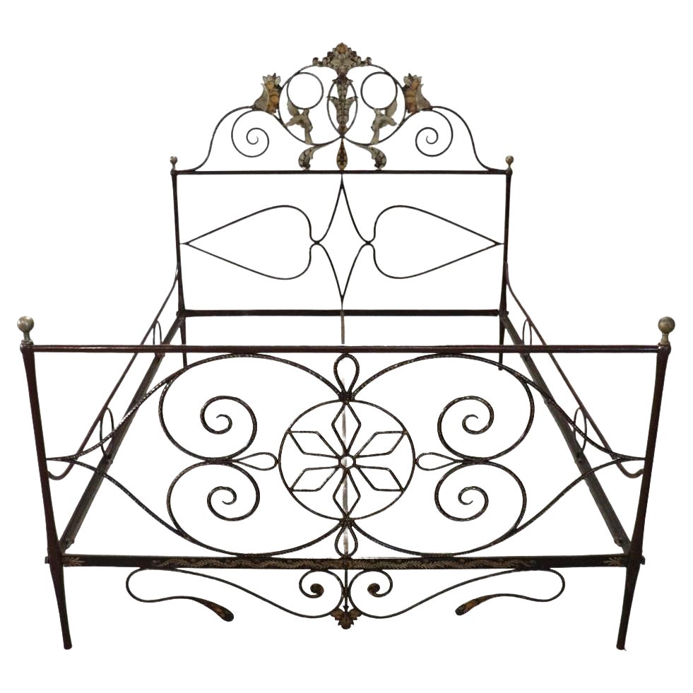 Early 19th Century Italian Antique Iron Large Single Bed with Hand Paintings