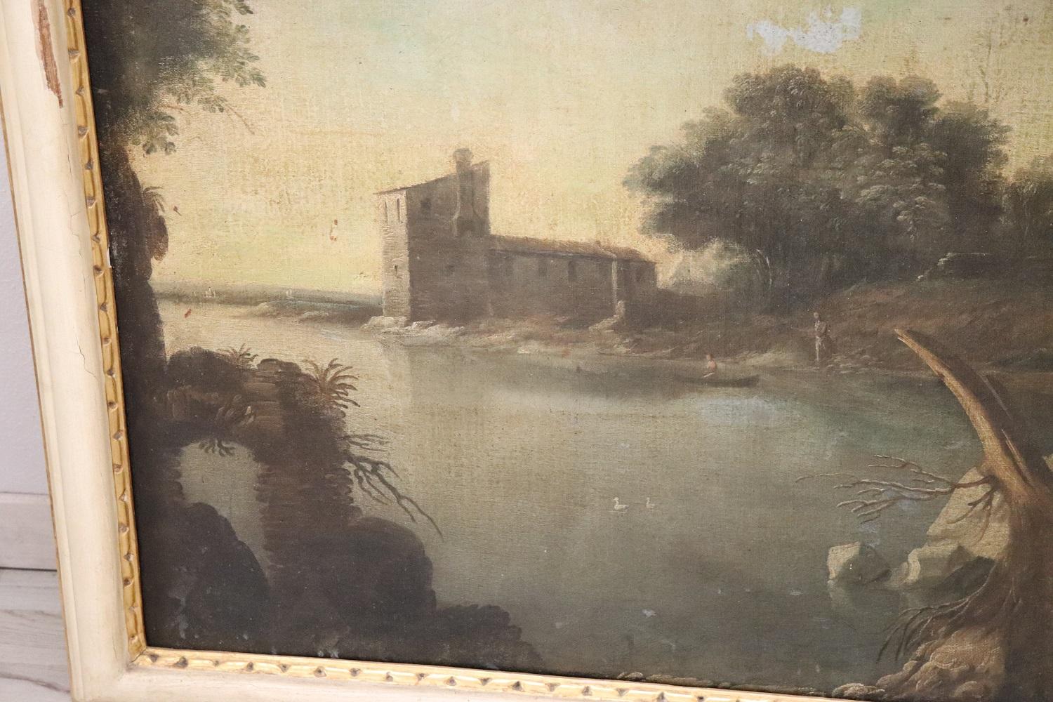 Beautiful antique Italian oil painting on canvas. Excellent pictorial quality great attention to detail. Italian Roman school of the early 19th century. Original painting never restored, see the photos on the back. Not signed. A beautiful river