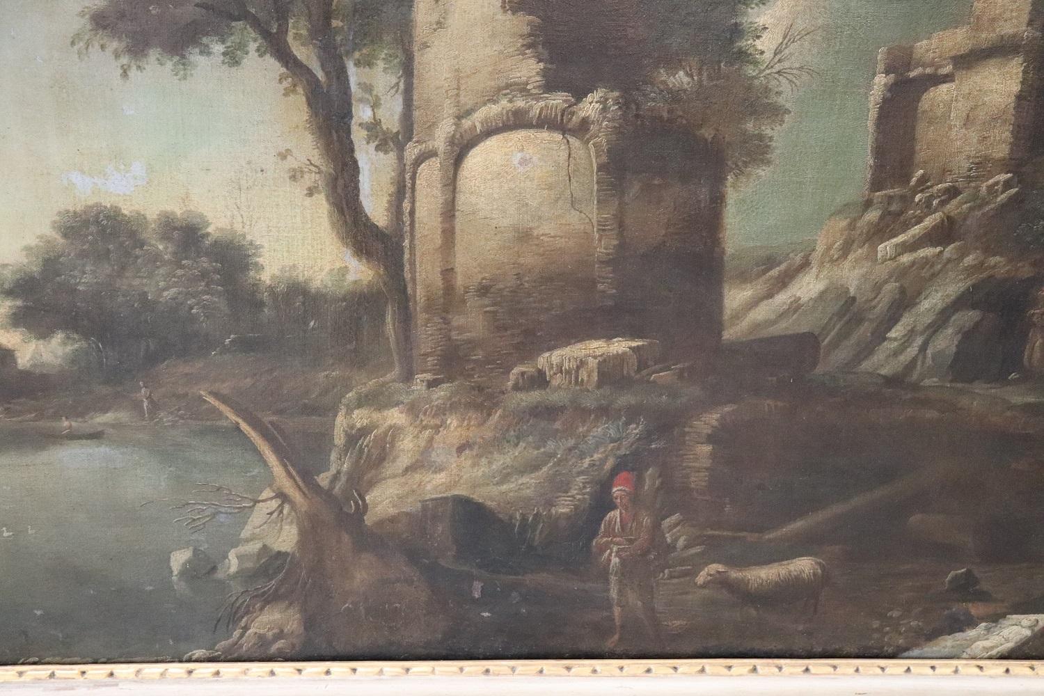 Oiled Early 19th Century Italian Antique Large Oil on Canvas Painting River Landscape